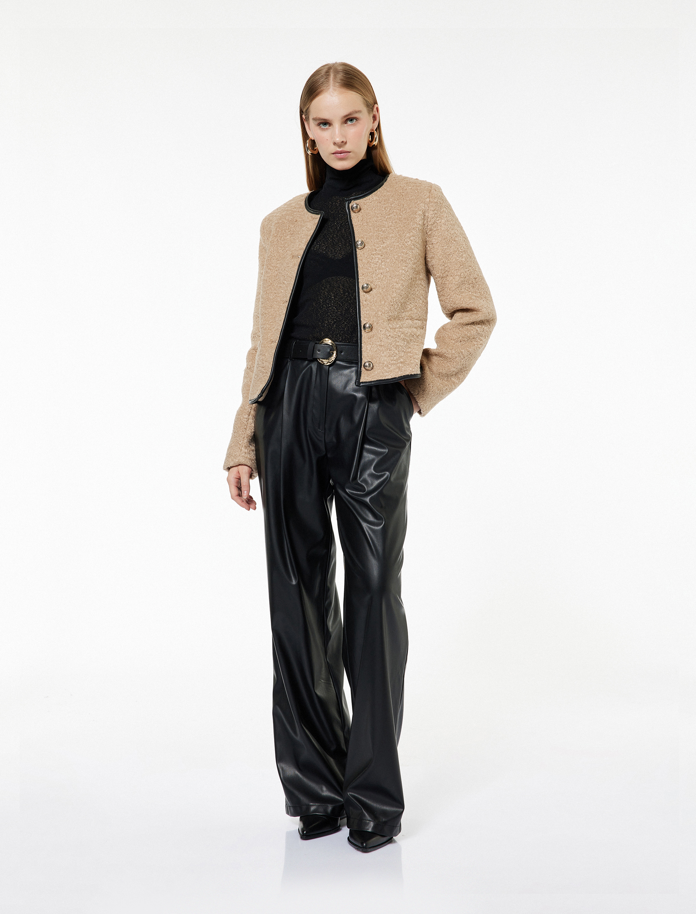   Yüksek Bel Cep Detaylı Palazzo Suni Deri Pantolon