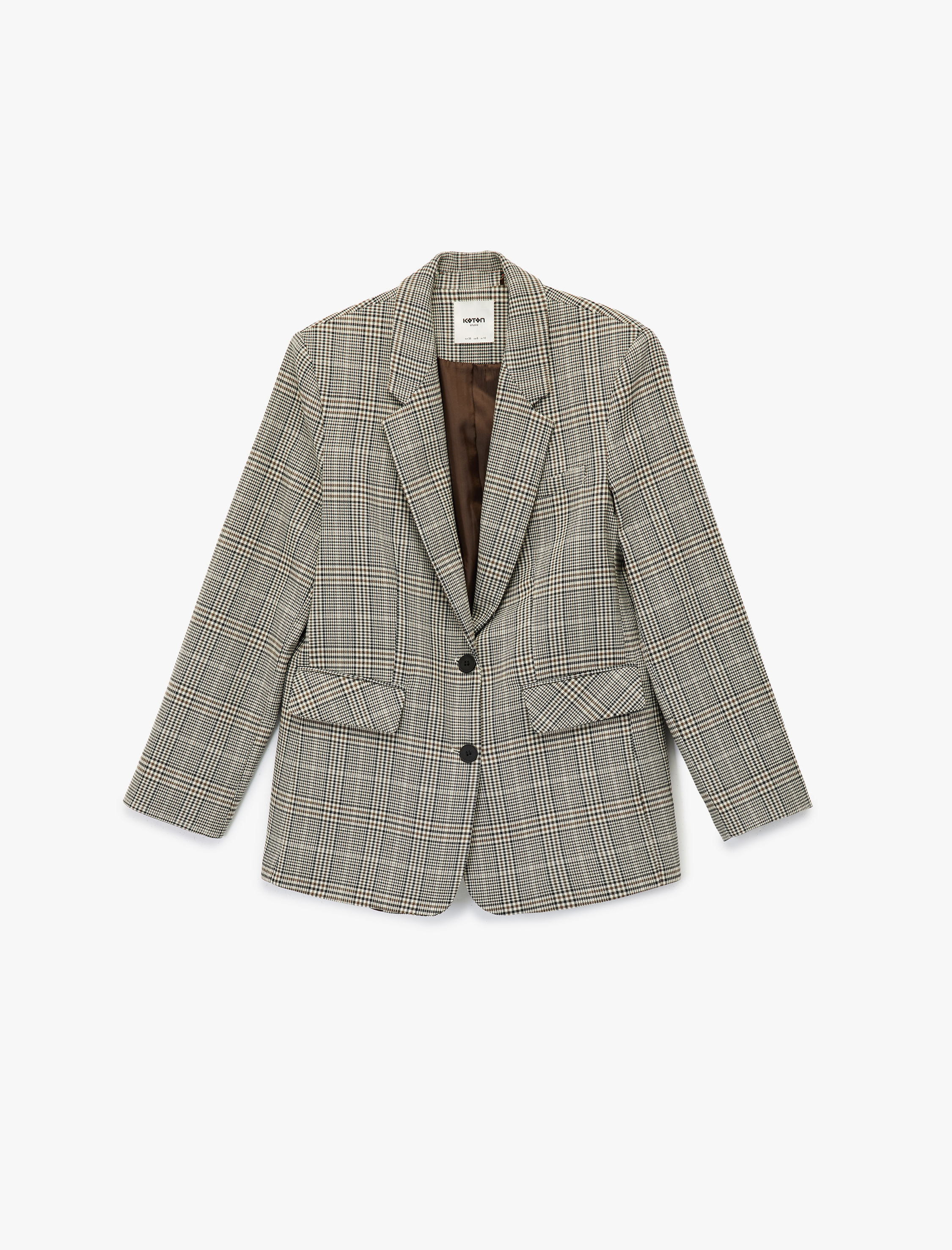   Geniş Yaka Viskon Karışımlı Cep Detaylı Düğmeli Ekoseli Blazer Ceket