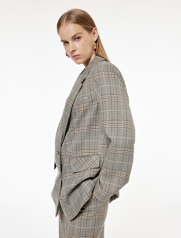  Geniş Yaka Viskon Karışımlı Cep Detaylı Düğmeli Ekoseli Blazer Ceket