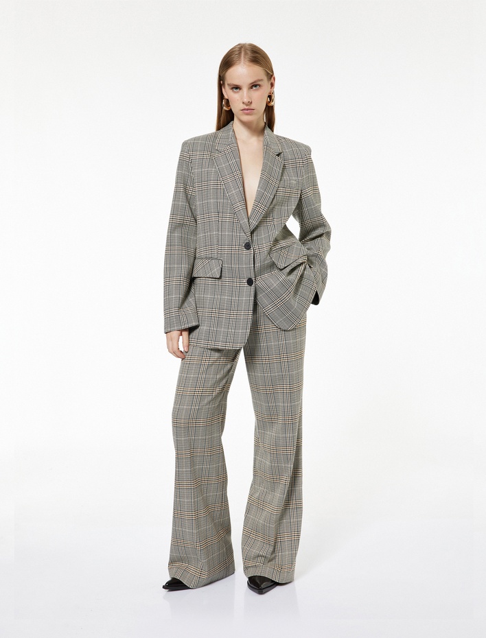  Geniş Yaka Viskon Karışımlı Cep Detaylı Düğmeli Ekoseli Blazer Ceket