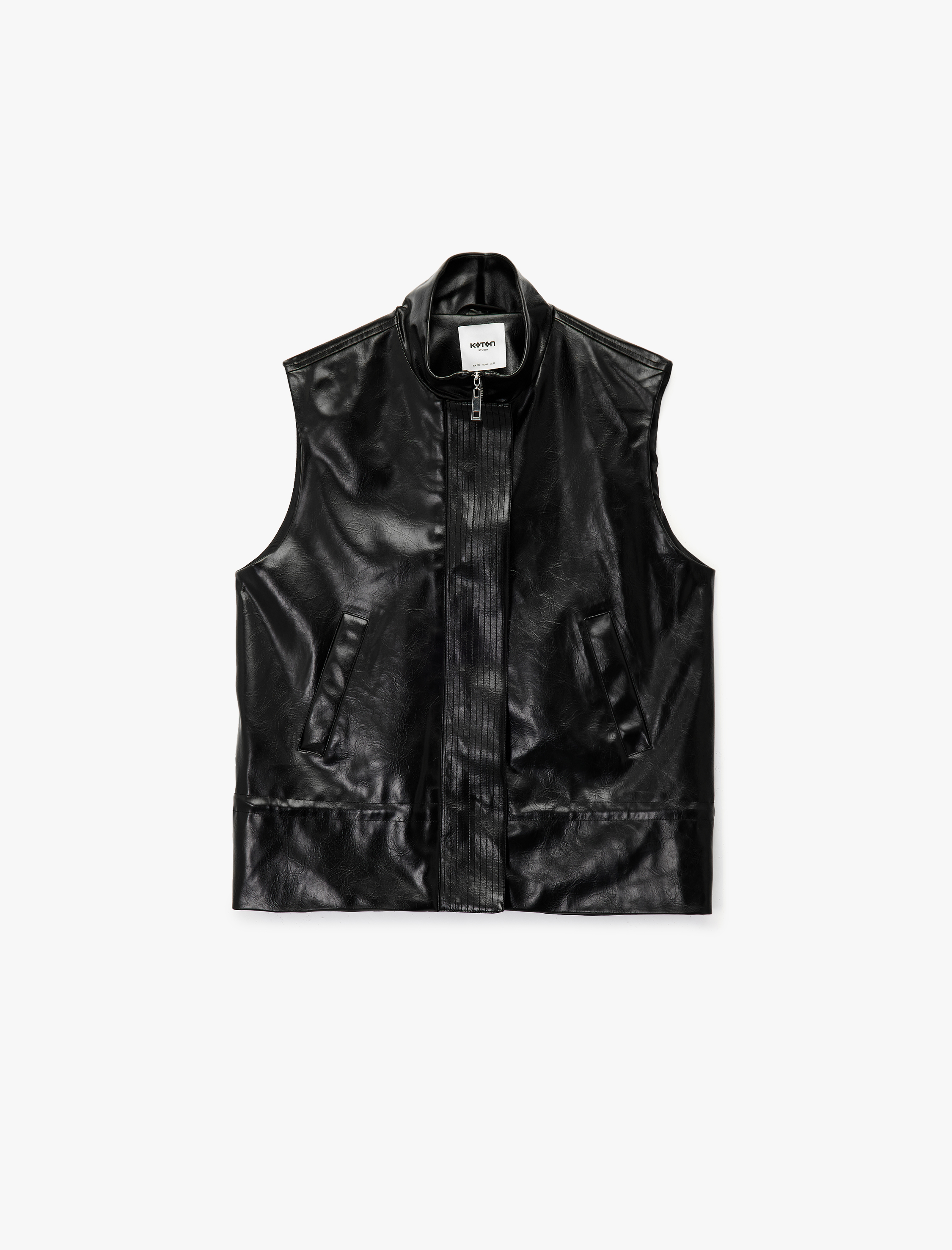   Cepli Fermuarlı Dik Yaka Suni Deri Yelek