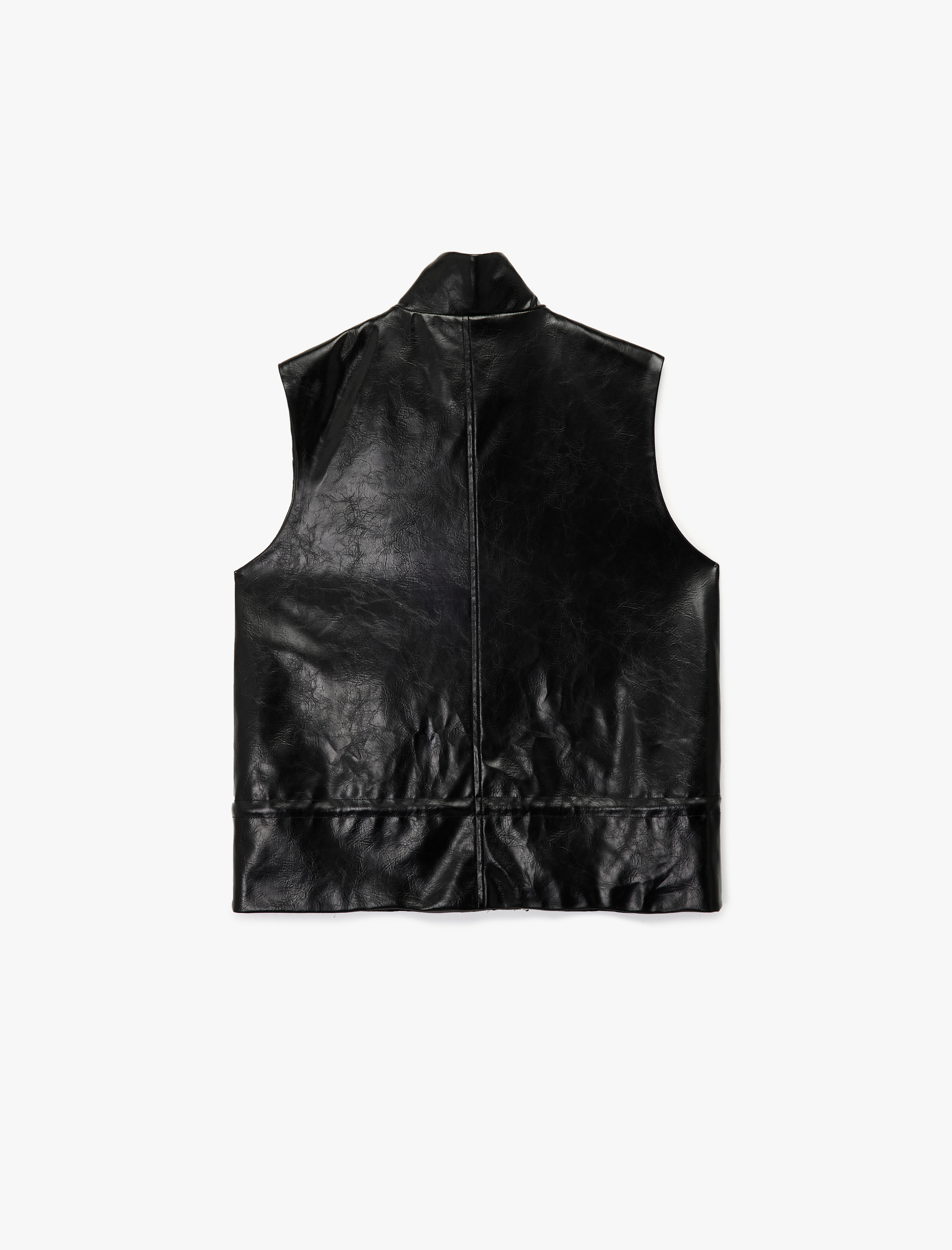   Cepli Fermuarlı Dik Yaka Suni Deri Yelek