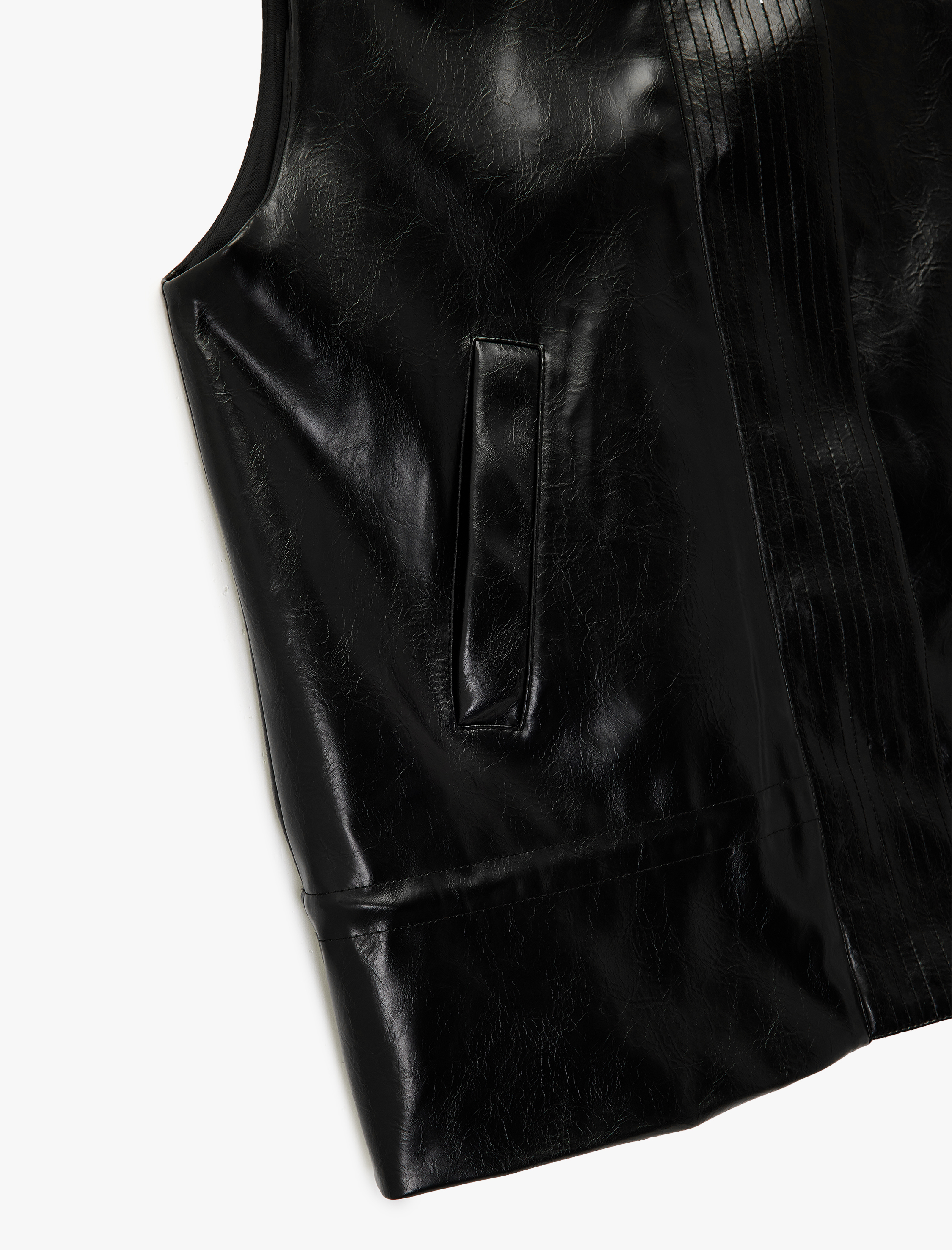   Cepli Fermuarlı Dik Yaka Suni Deri Yelek