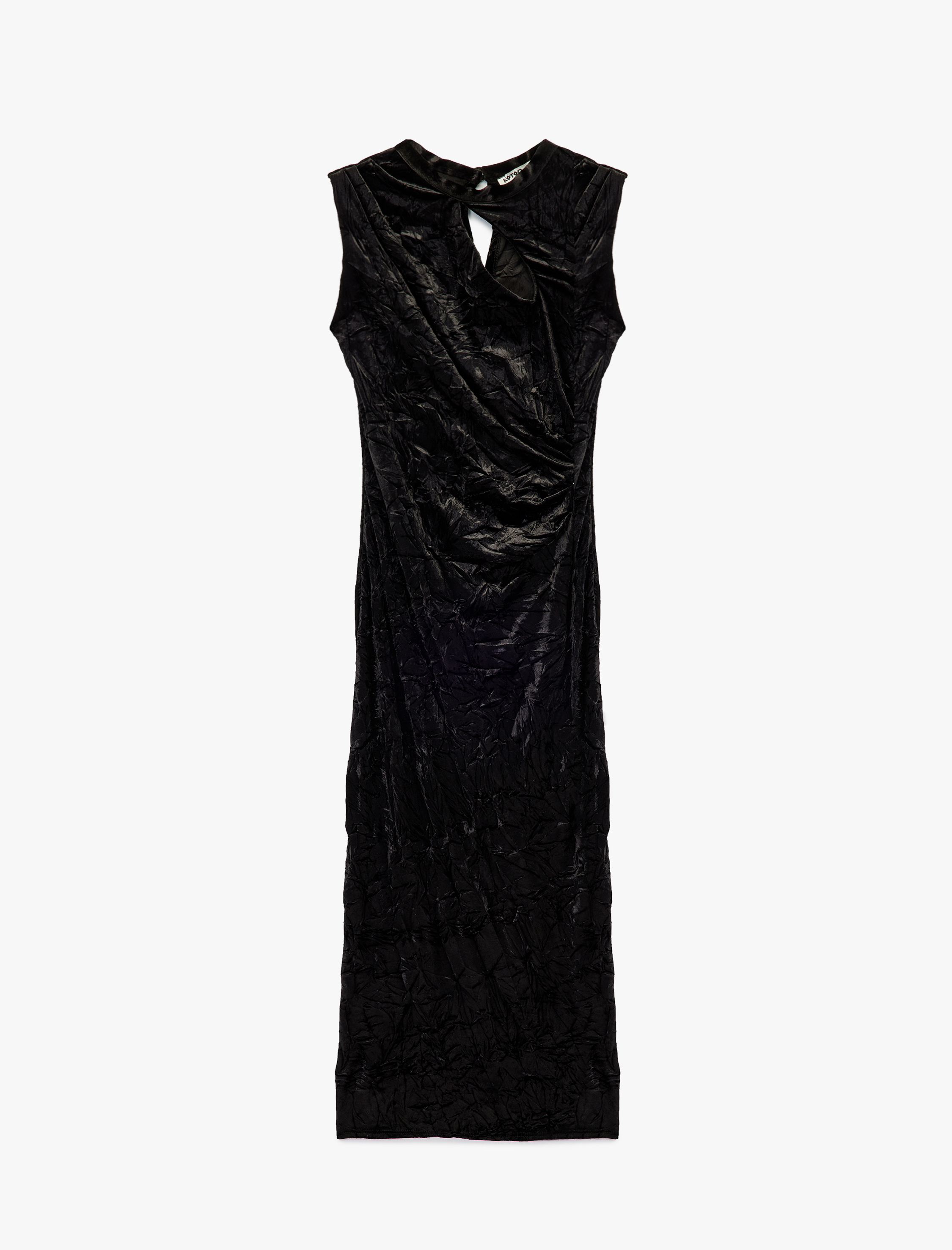   Pencere Detaylı Kolsuz Dik Yaka Uzun Kalem Kadife Elbise