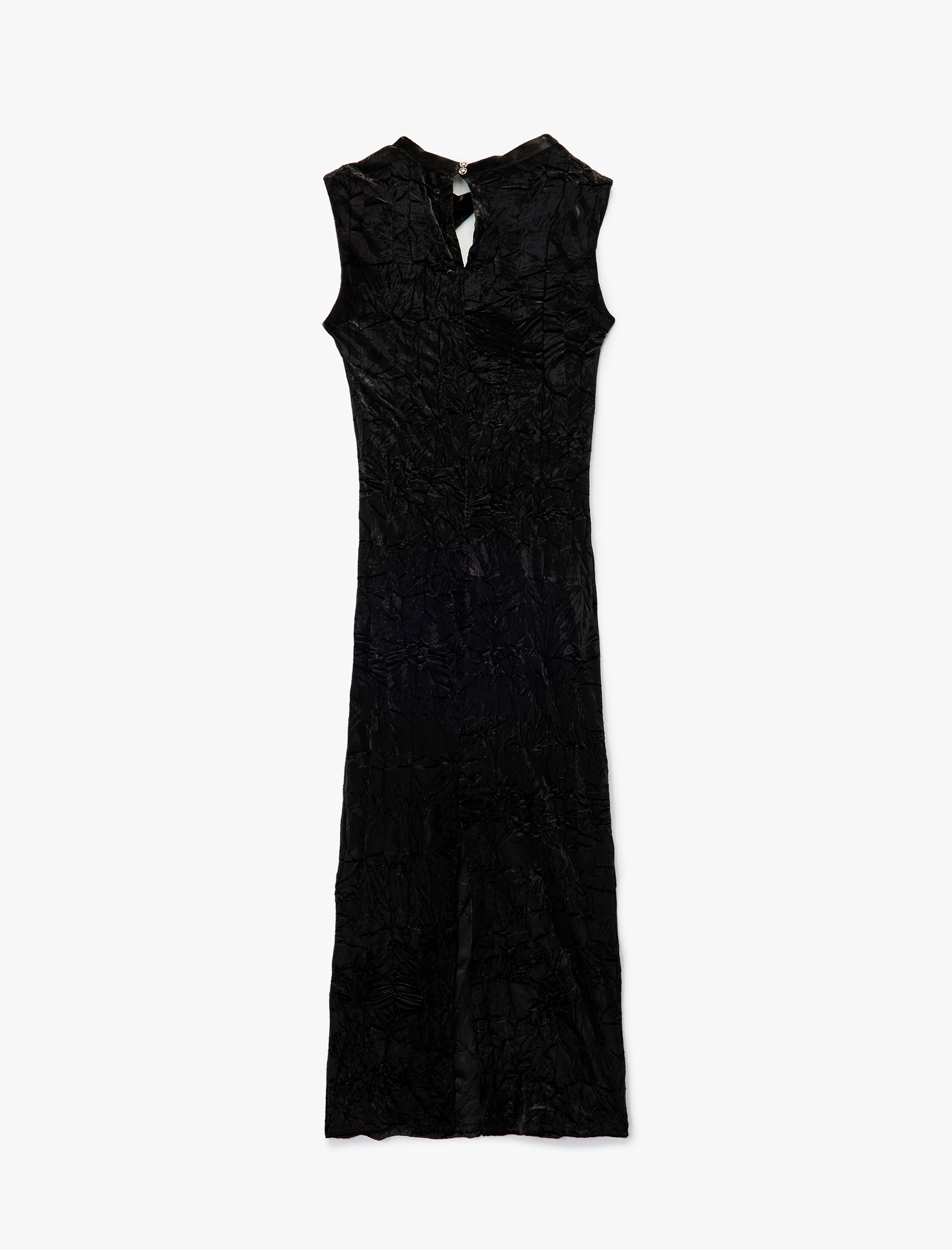   Pencere Detaylı Kolsuz Dik Yaka Uzun Kalem Kadife Elbise