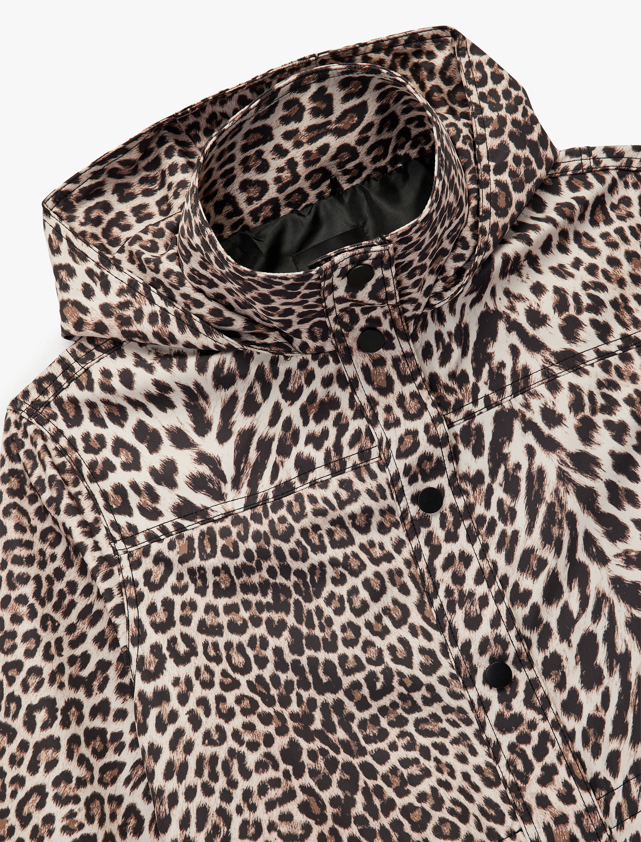   Cepli Uzun Kollu Dik Yaka Kapüşonlu Leopar Desenli Yağmurluk