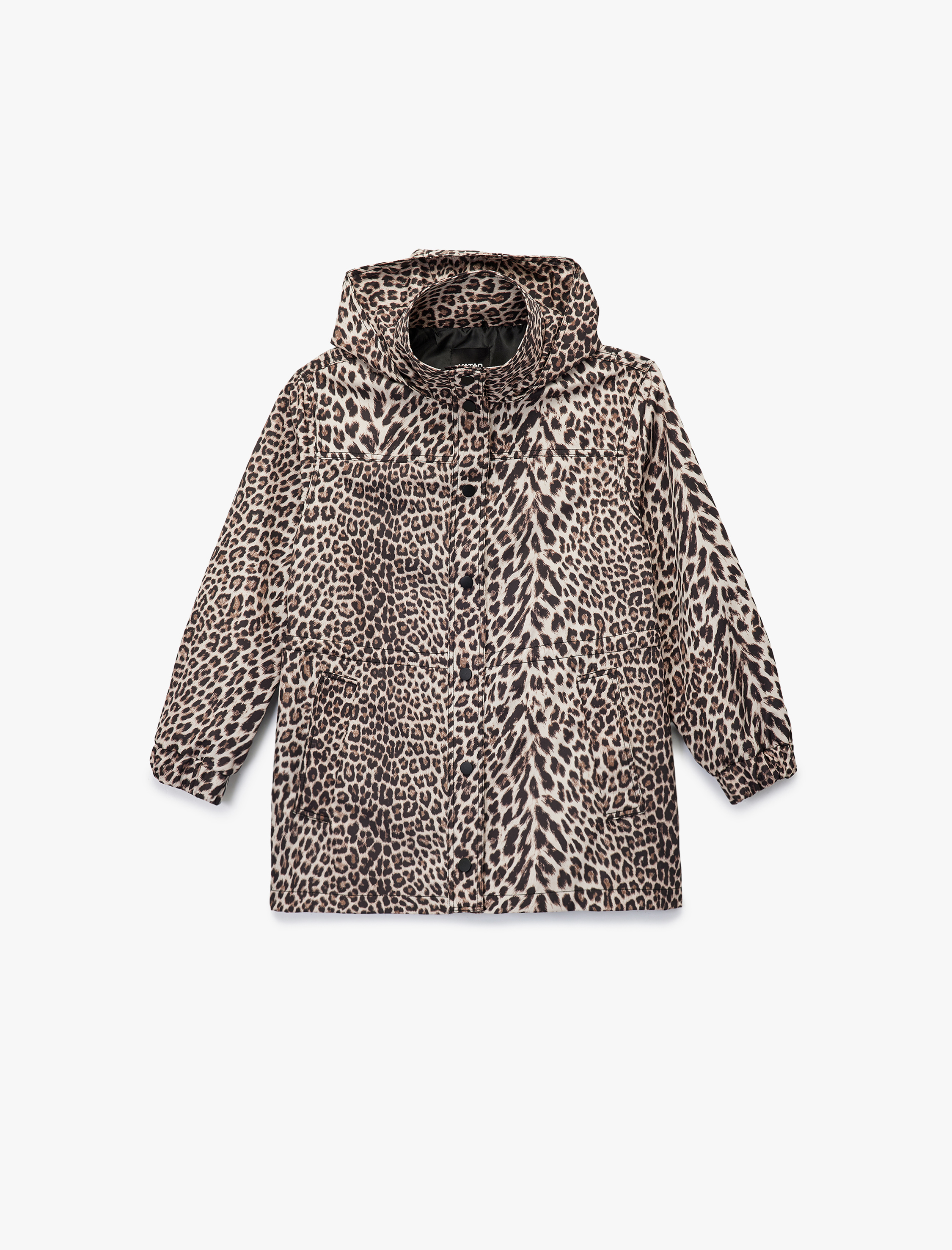   Cepli Uzun Kollu Dik Yaka Kapüşonlu Leopar Desenli Yağmurluk