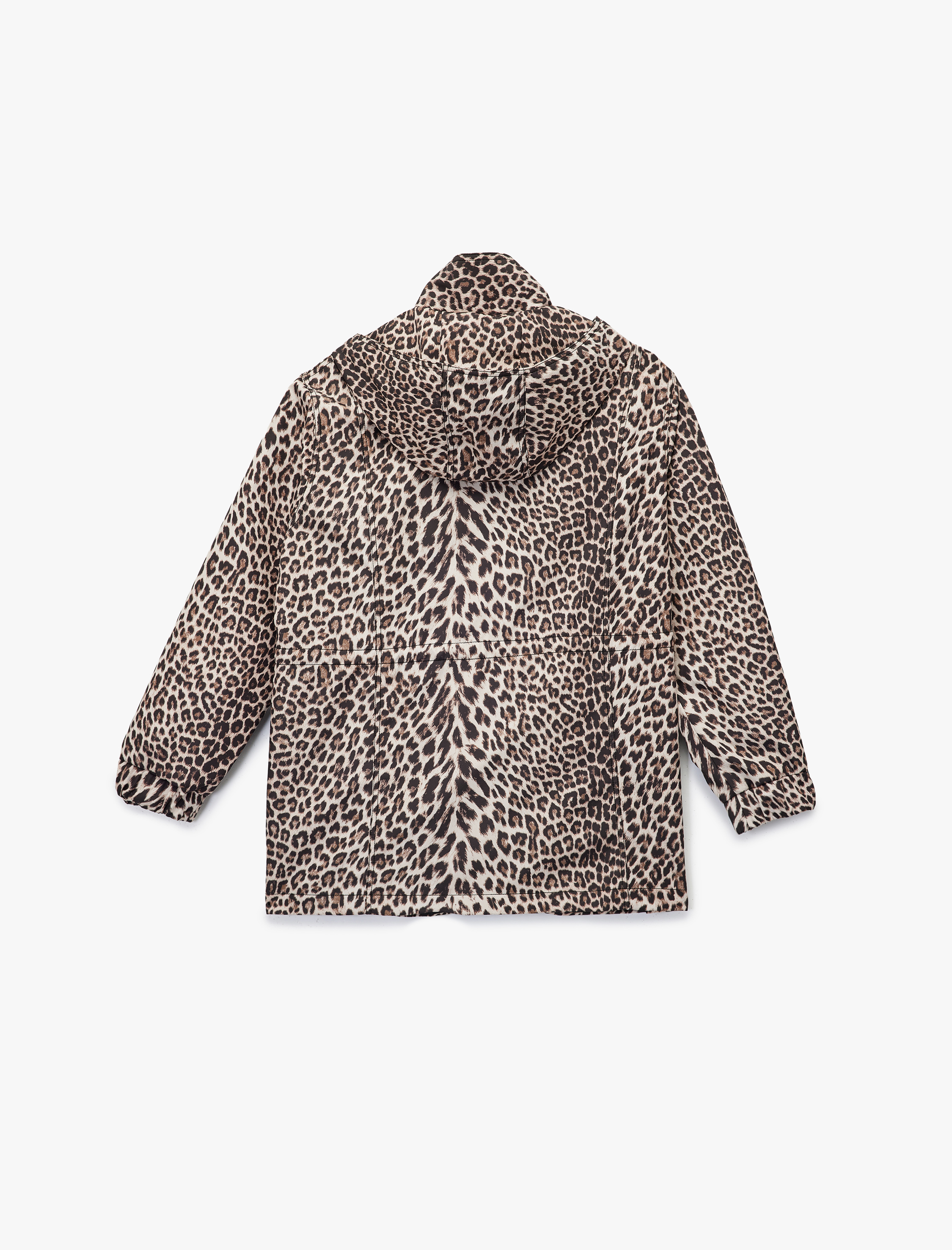   Cepli Uzun Kollu Dik Yaka Kapüşonlu Leopar Desenli Yağmurluk
