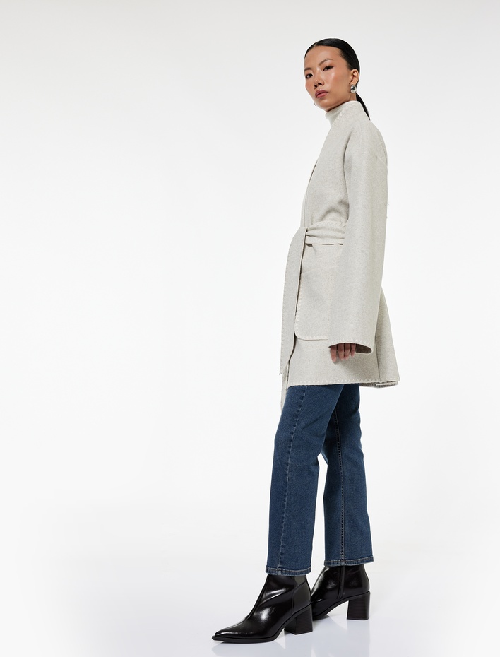  Cepli Kemerli Geniş Uzun Kimono Kollu Şal Yaka Kaşe Kaban