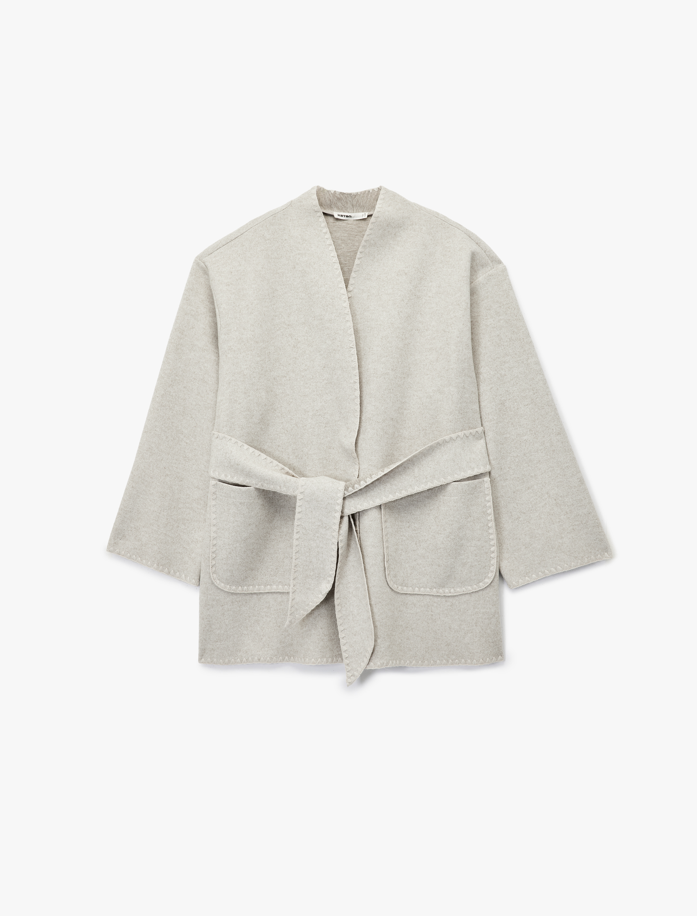   Cepli Kemerli Geniş Uzun Kimono Kollu Şal Yaka Kaşe Kaban