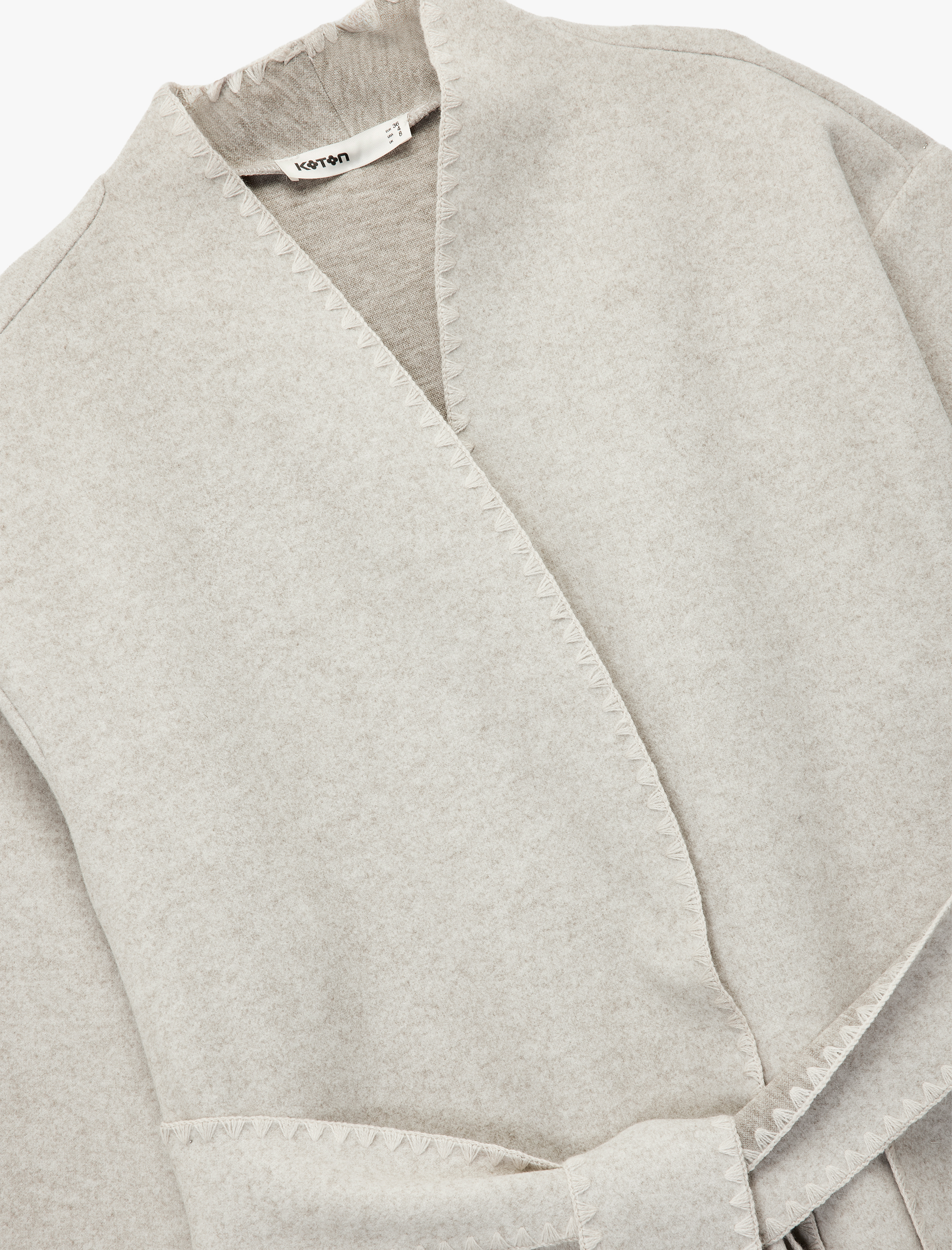   Cepli Kemerli Geniş Uzun Kimono Kollu Şal Yaka Kaşe Kaban