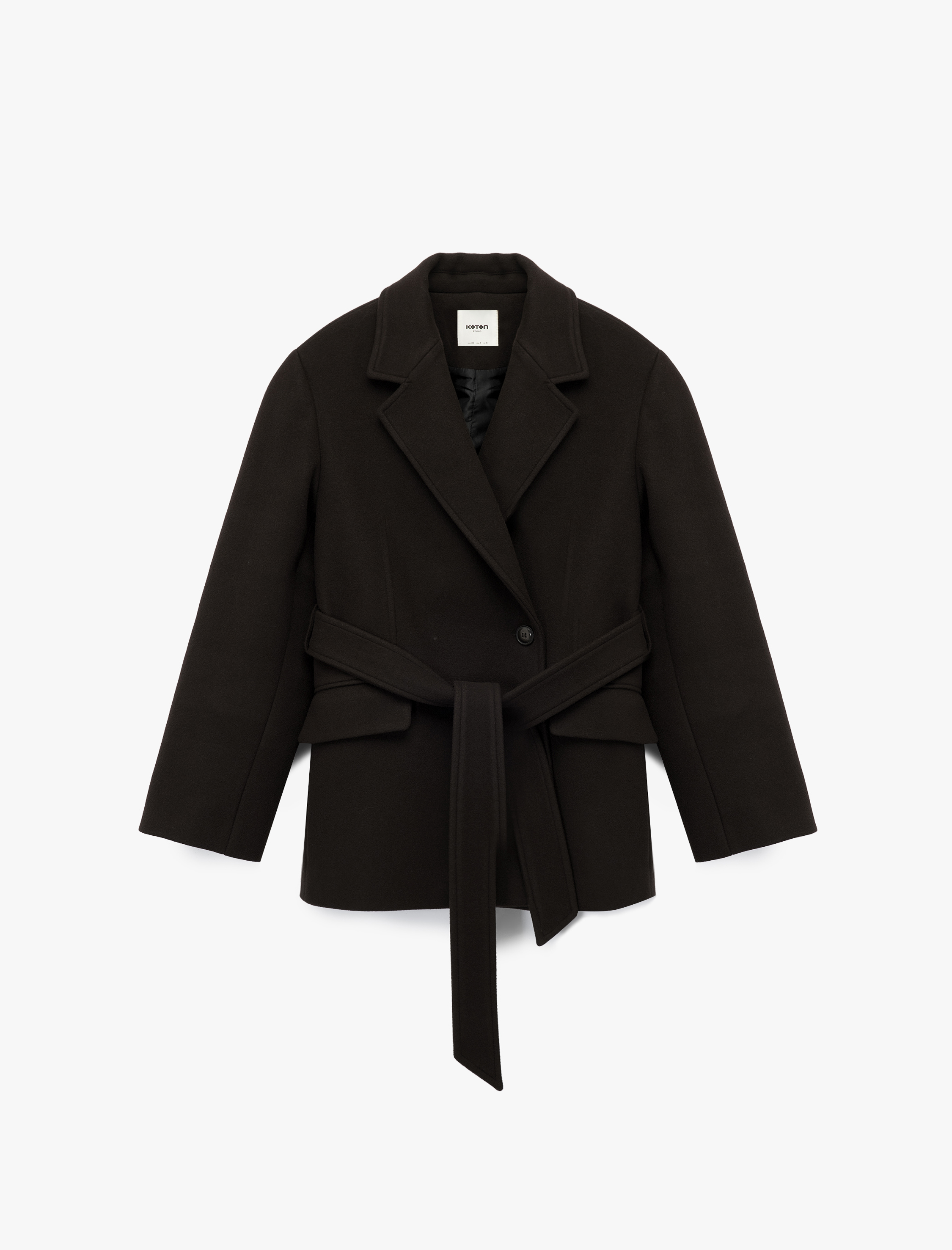   Kısa Kaban Kaşe Kemerli Cepli Kruvaze Uzun Kollu