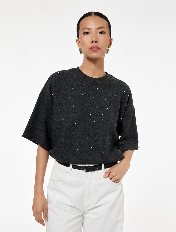  Kısa Kollu Bisiklet Yaka Taş Detaylı Tişört