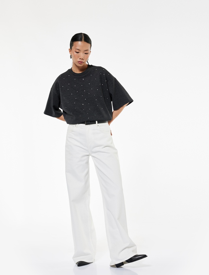  Kısa Kollu Bisiklet Yaka Taş Detaylı Tişört