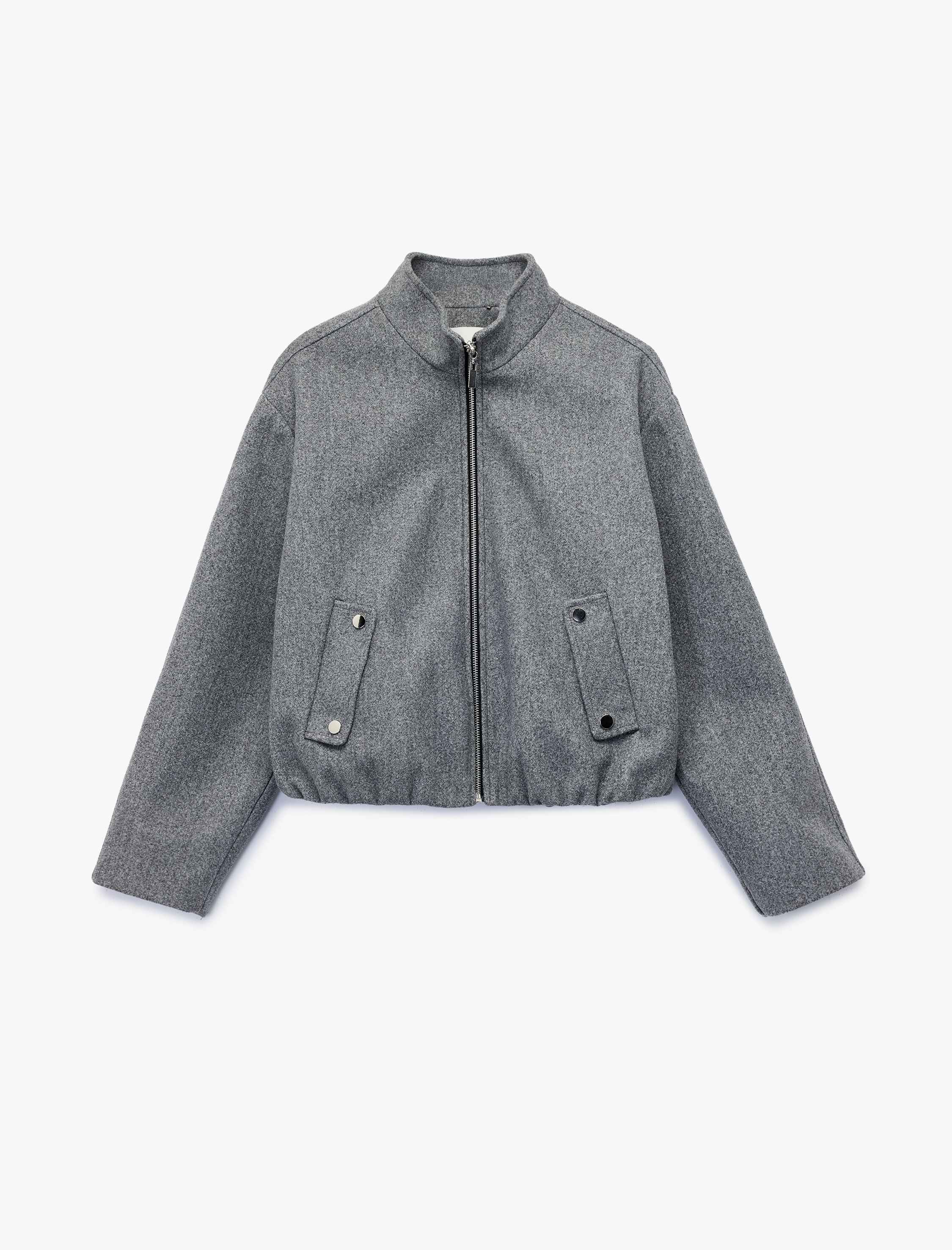   Uzun Kollu Cepli Dik Yaka Fermuarlı Bomber Kaşe Mont