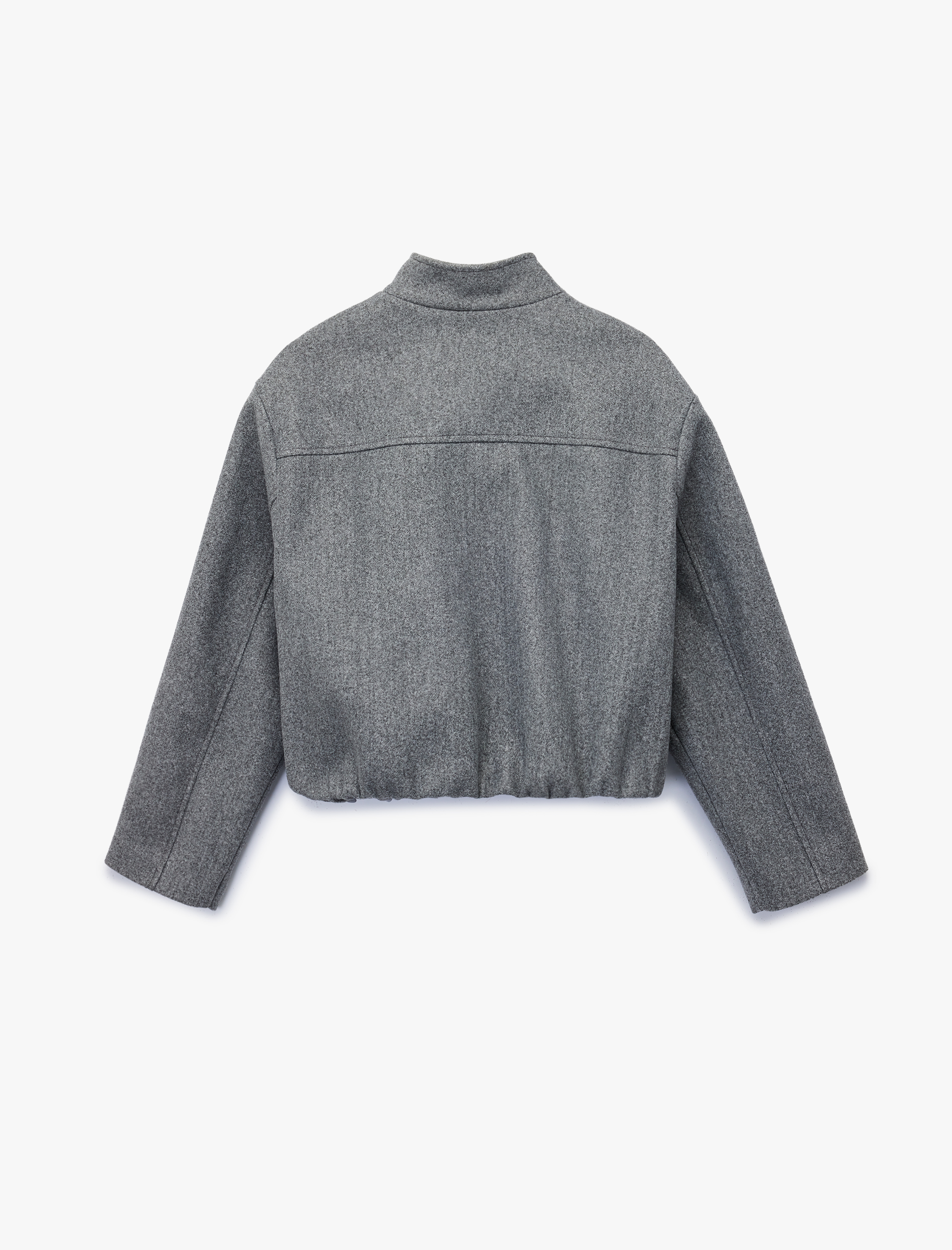   Uzun Kollu Cepli Dik Yaka Fermuarlı Bomber Kaşe Mont