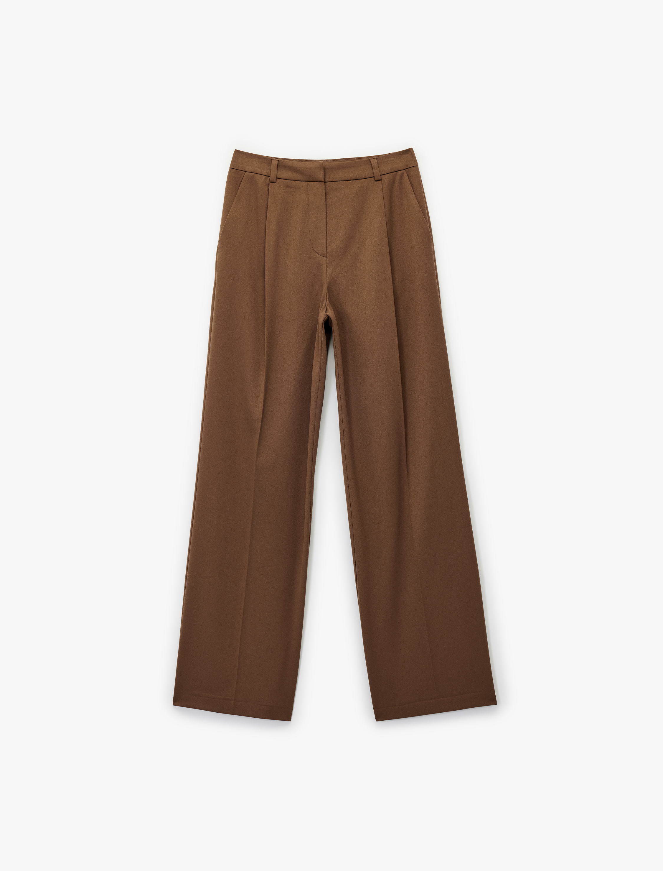   Yüksek Bel Viskon Karışımlı Cepli Kemer Detaylı Geniş Paça Kumaş Pantolon