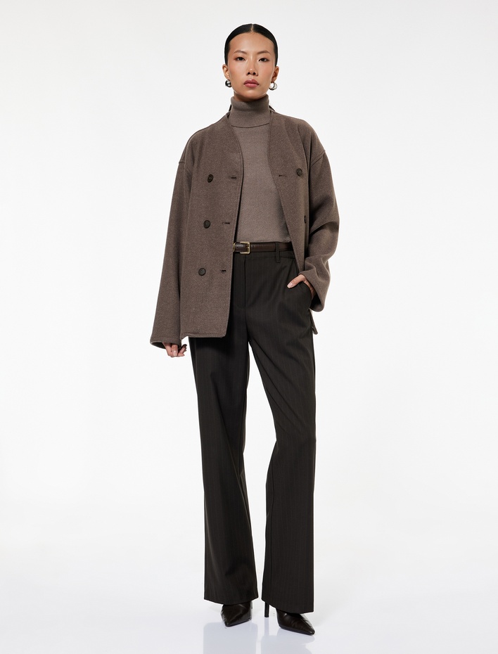  Uzun Kollu Dik Yaka Düğmeli Kruvaze Kaşe Ceket