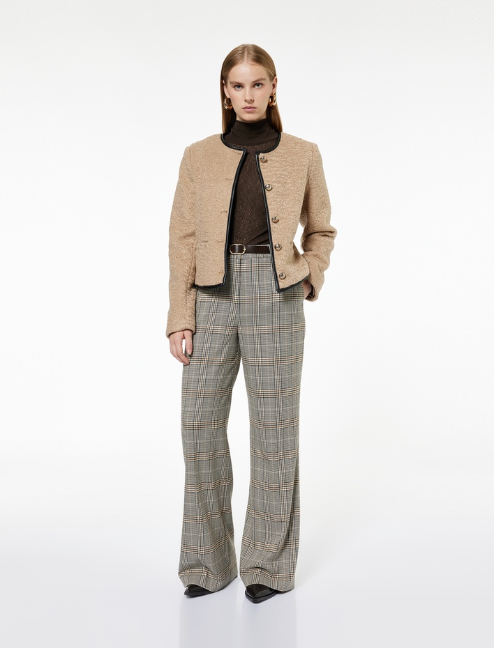  Yüksek Bel Viskon Karışımlı Kemer Detaylı Cepli Geniş Paça Ekoseli Pantolon