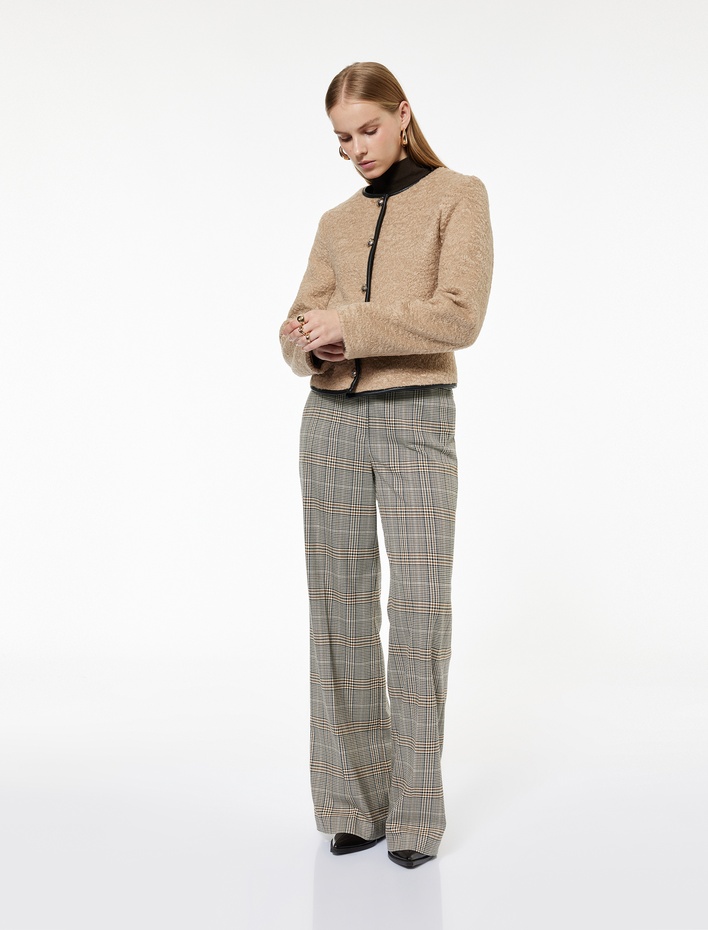  Yüksek Bel Viskon Karışımlı Kemer Detaylı Cepli Geniş Paça Ekoseli Pantolon