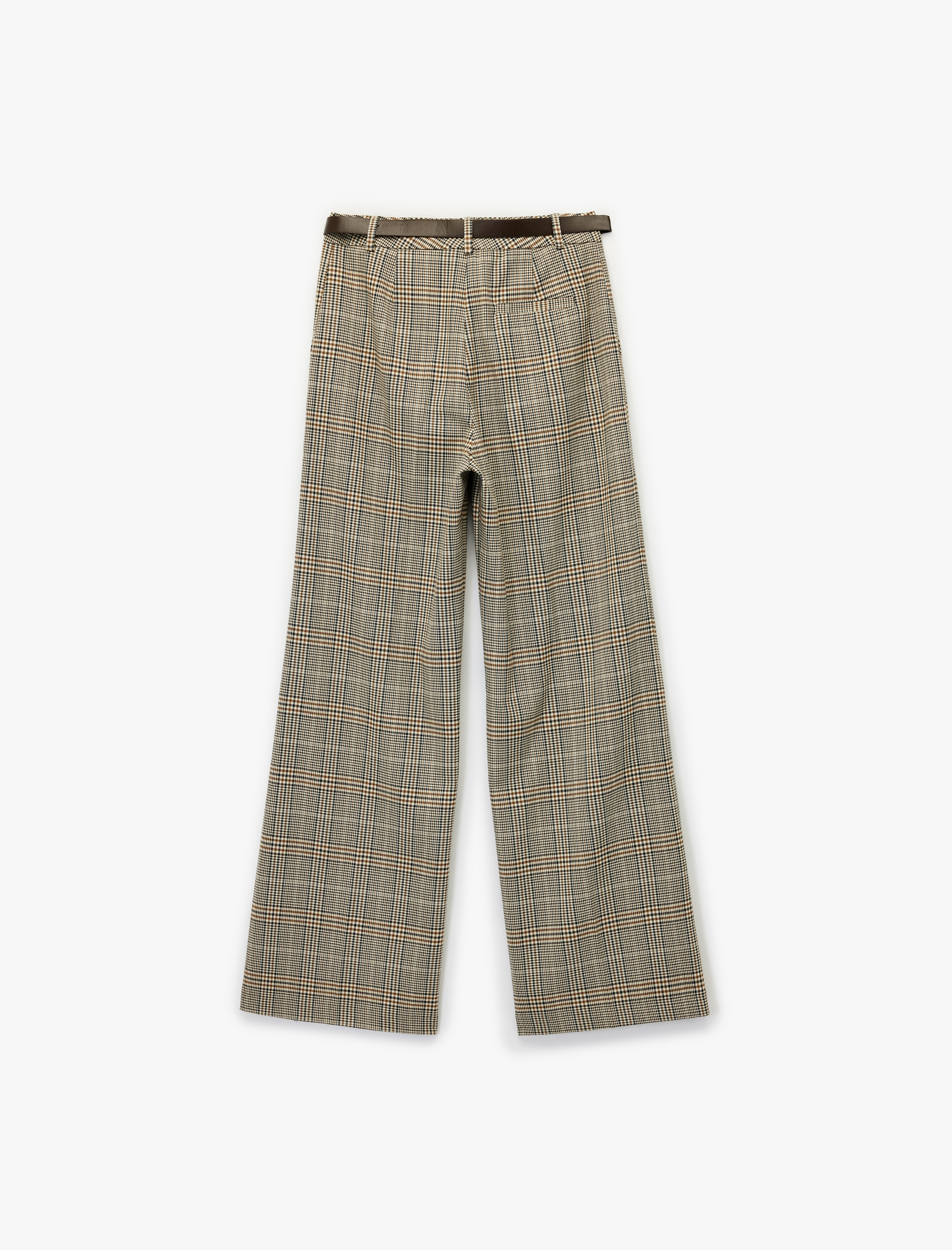   Yüksek Bel Viskon Karışımlı Kemer Detaylı Cepli Geniş Paça Ekoseli Pantolon