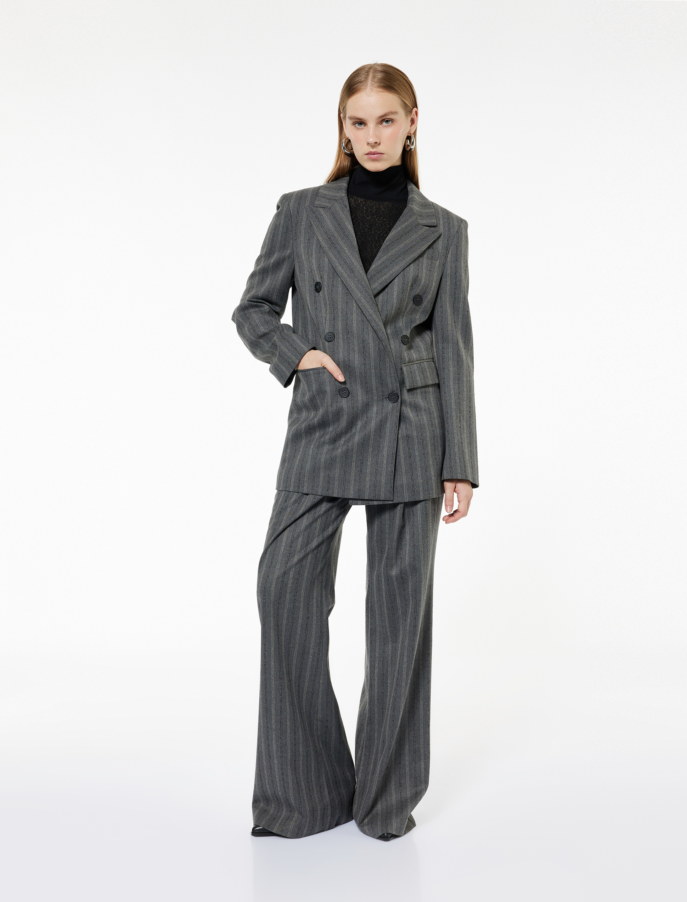   Yüksek Bel Viskon Karışımlı Çizgili Pileli Geniş Paça Pantolon