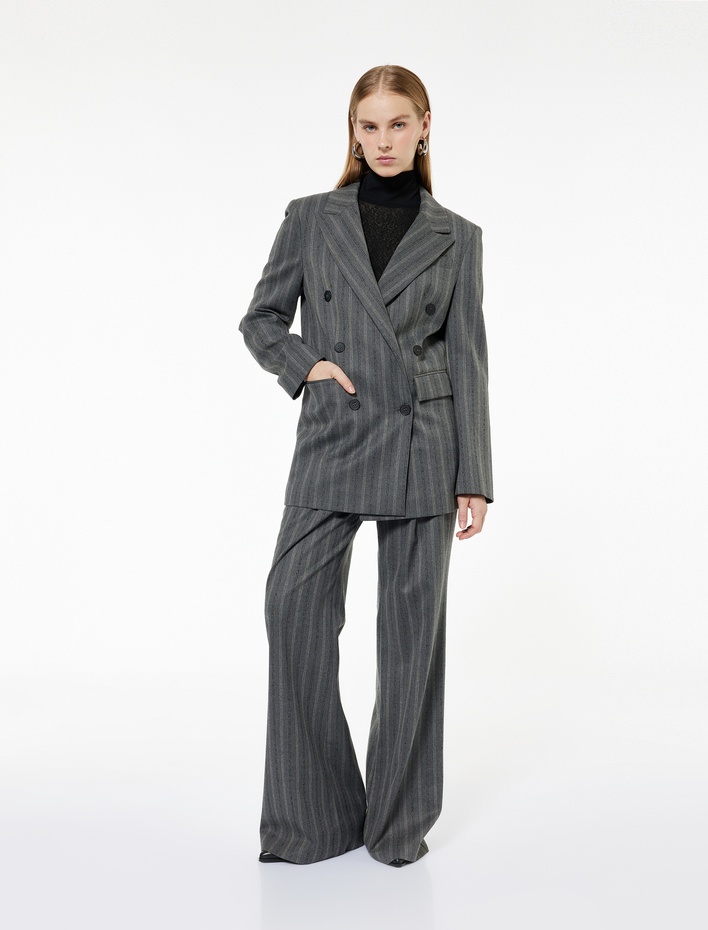  Yüksek Bel Viskon Karışımlı Çizgili Pileli Geniş Paça Pantolon