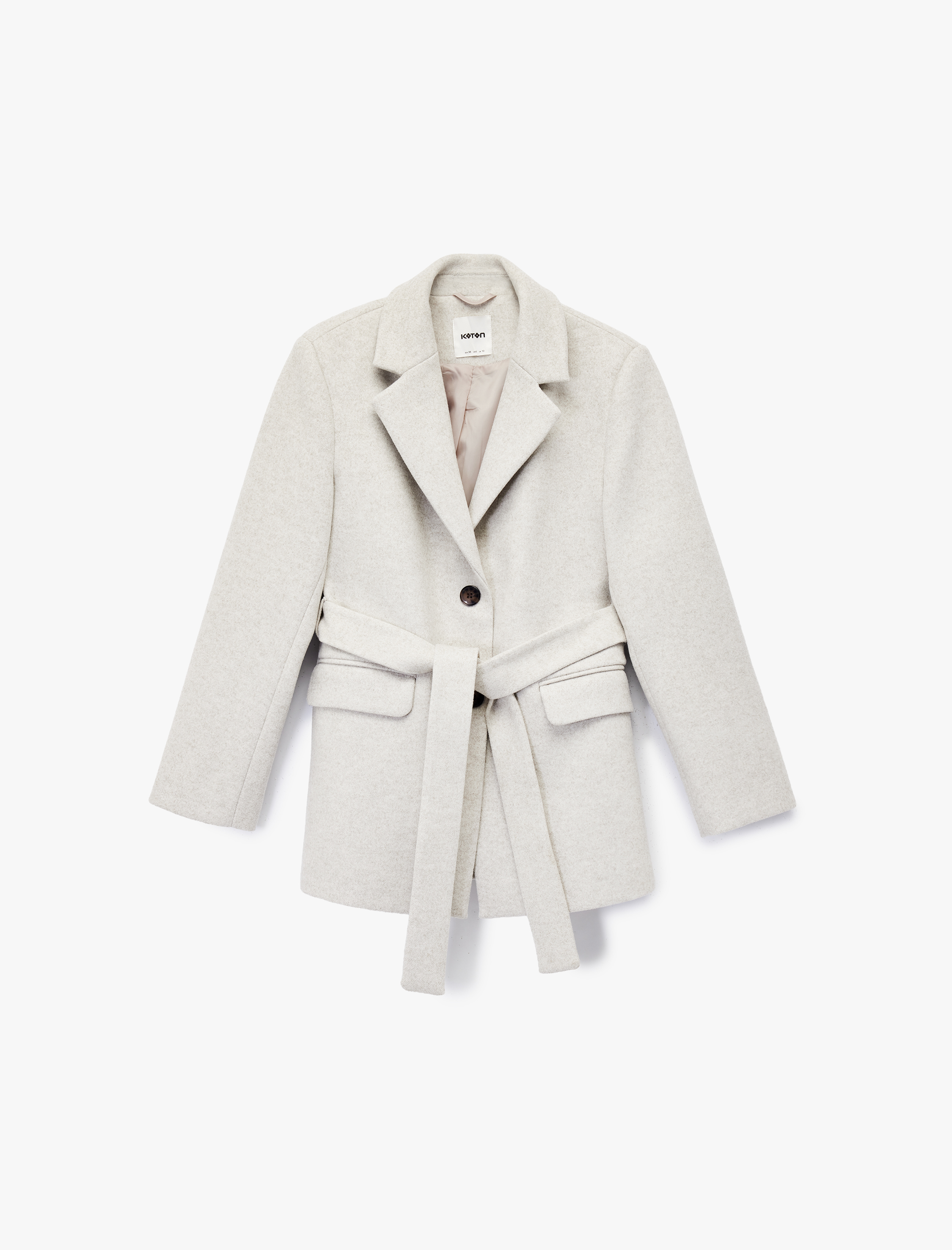   Kuşak Detaylı Uzun Kollu Cepli Kaşe Kaban