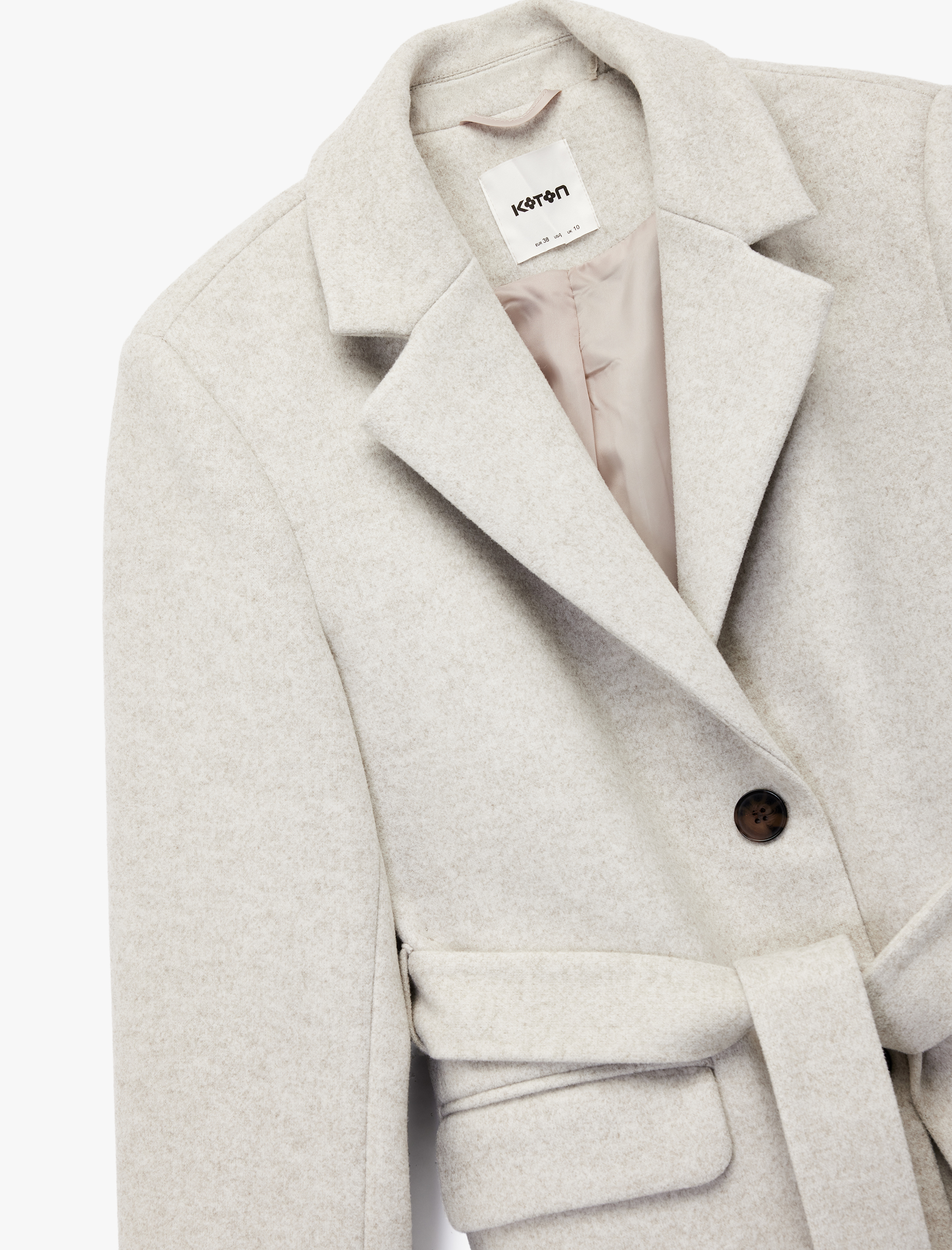   Kuşak Detaylı Uzun Kollu Cepli Kaşe Kaban