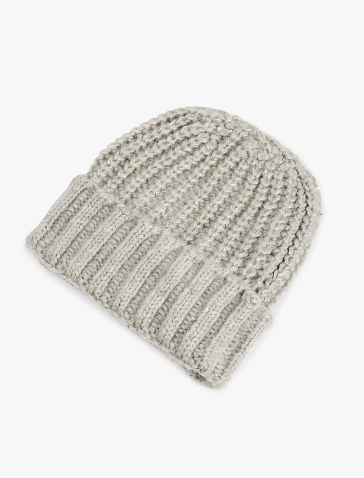 Kadın Simli Dokulu Katlı Triko Örgü Bere