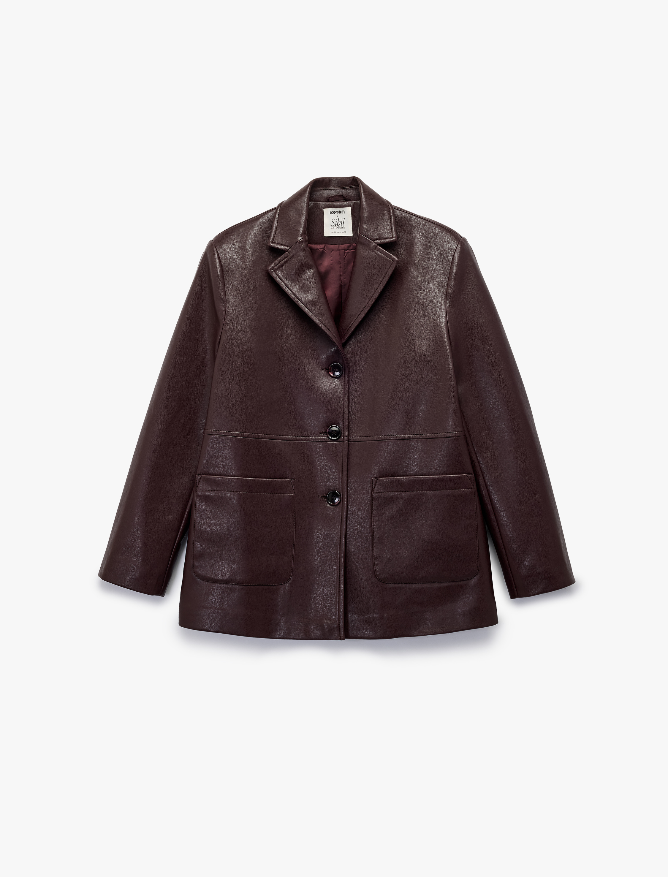   Koton X Sibil Çetinkaya - Uzun Kollu Cepli Düğmeli Suni Deri Blazer Ceket