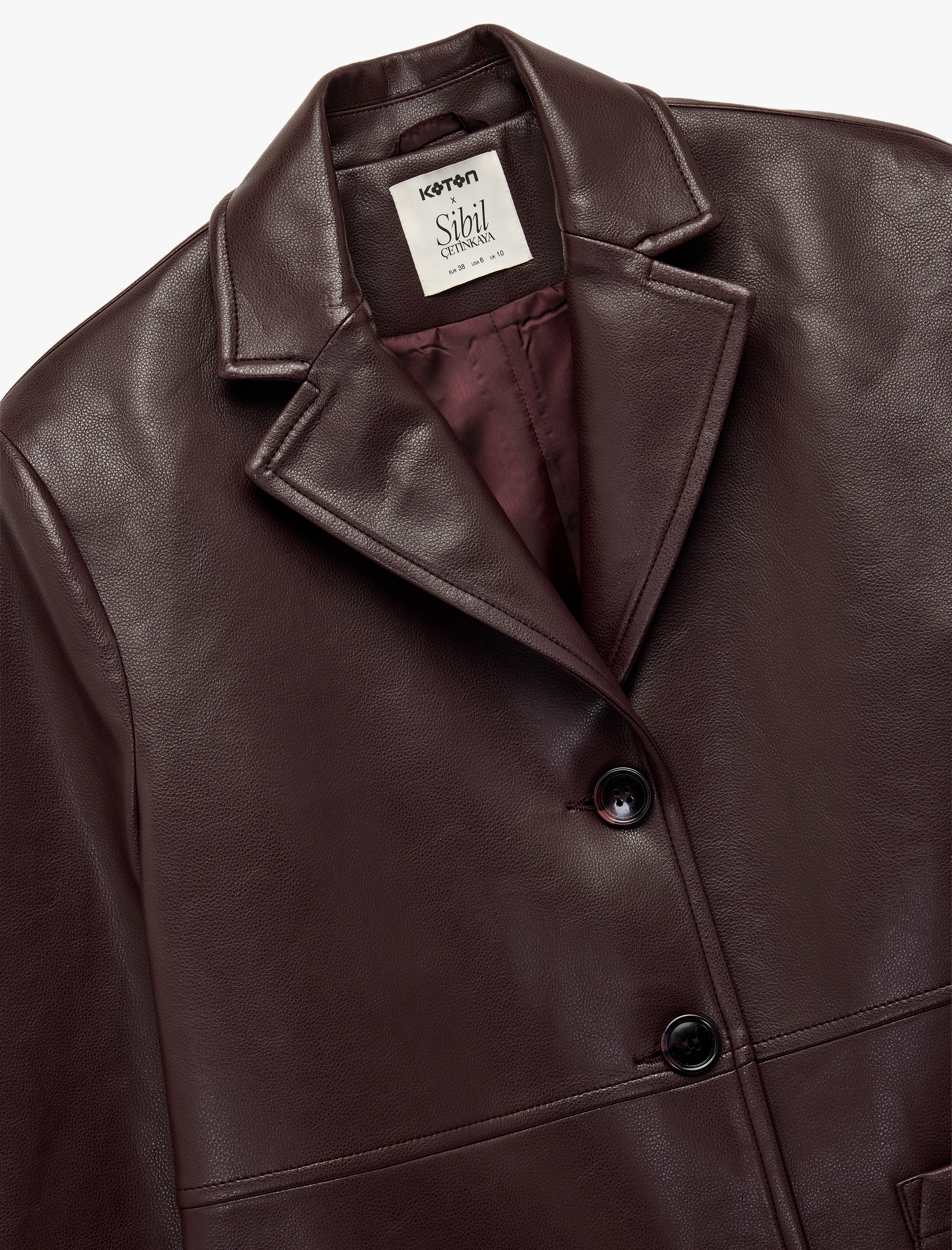   Koton X Sibil Çetinkaya - Uzun Kollu Cepli Düğmeli Suni Deri Blazer Ceket