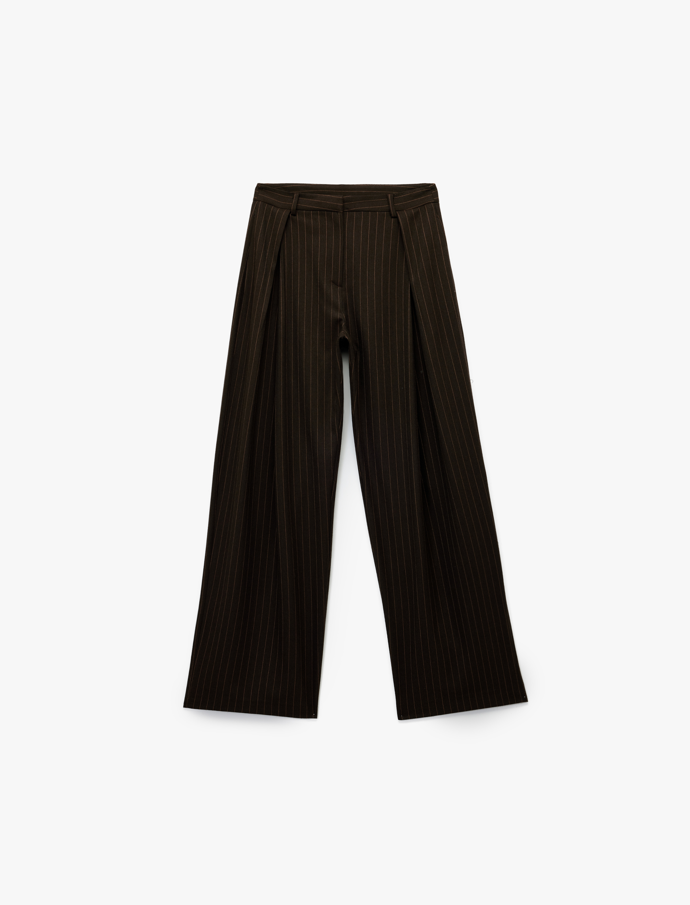   Koton X Sibil Çetinkaya - Pile Detaylı Cepli Çizgili Düz Geniş Paça Kumaş Pantolon