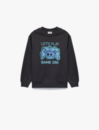 Uzun Kollu Bisiklet Yaka Baskılı Pamuklu Şardonlu Sweatshirt
