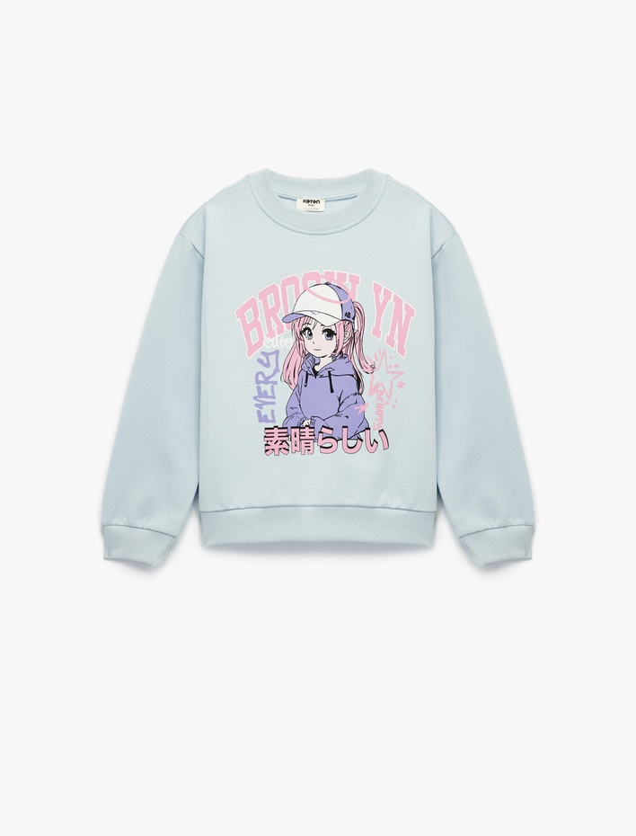 Kız Çocuk Pamuklu Uzun Kollu Bisiklet Yaka Baskılı Sweatshirt