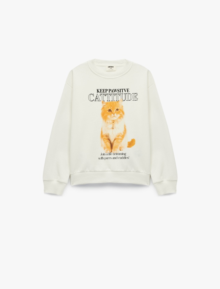 Kız Çocuk Pamuklu Uzun Kollu Bisiklet Yaka Kedi Baskılı Sweatshirt