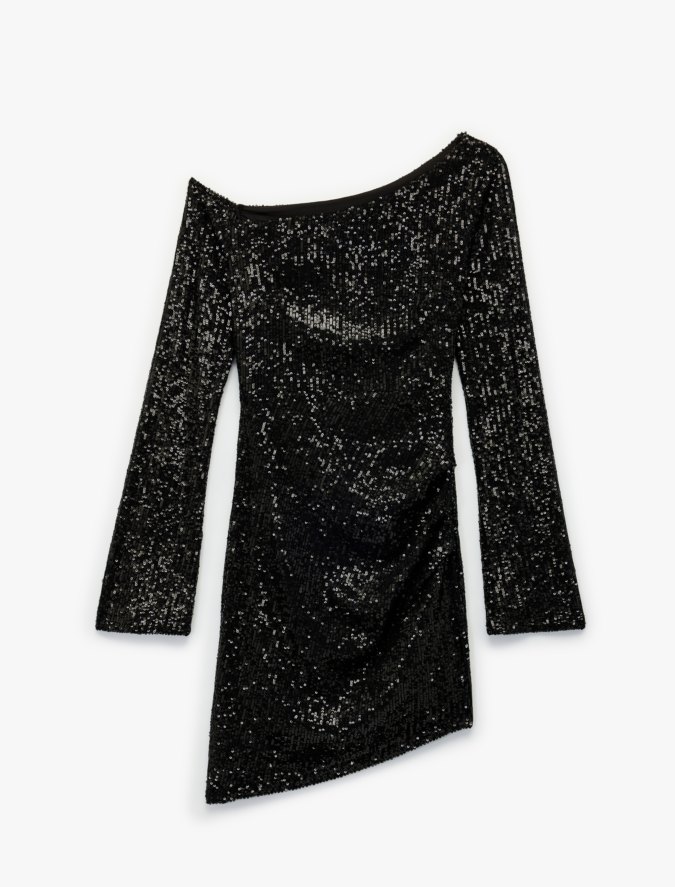   Koton X Sibil Çetinkaya - Kayık Yaka Uzun Kollu Asimetrik Pullu Payetli Mini Abiye Elbise