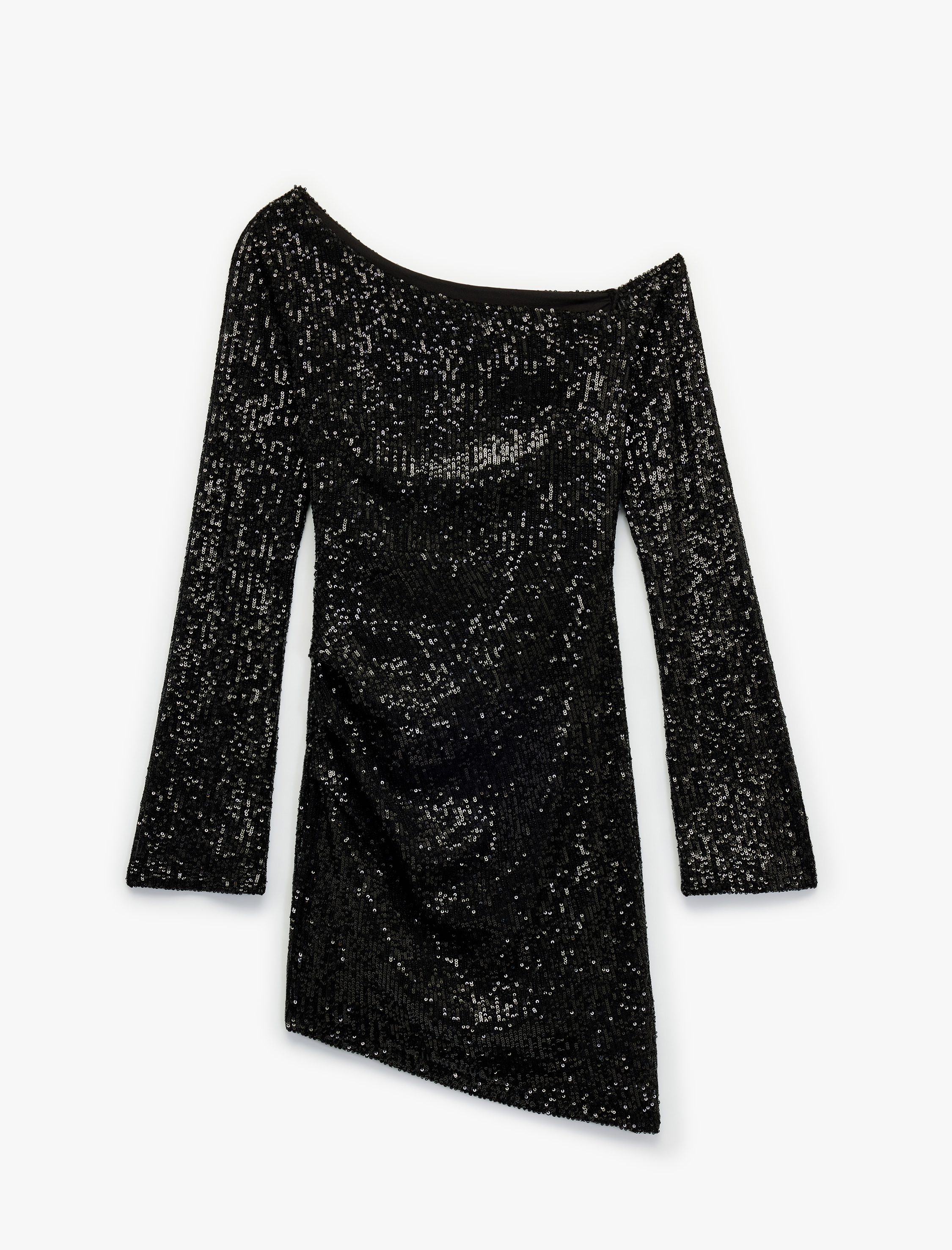   Koton X Sibil Çetinkaya - Kayık Yaka Uzun Kollu Asimetrik Pullu Payetli Mini Abiye Elbise