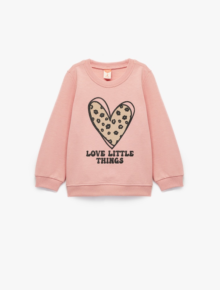Kız Bebek Pamuklu Uzun Kollu Bisiklet Yaka Kalp Baskılı Sweatshirt