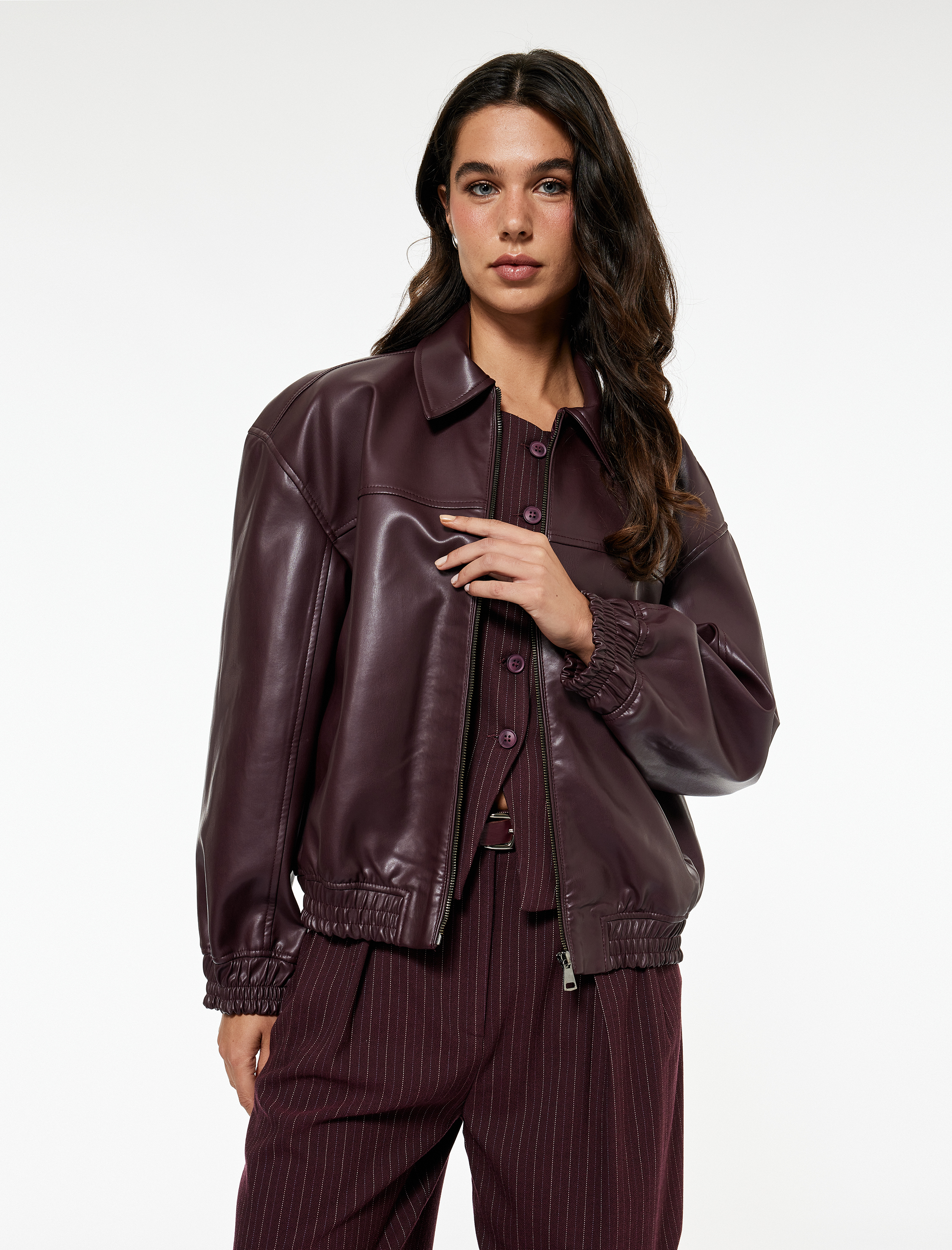   Koton X Sibil Çetinkaya - Cepli Fermuarlı Uzun Kollu Suni Deri Bomber Ceket