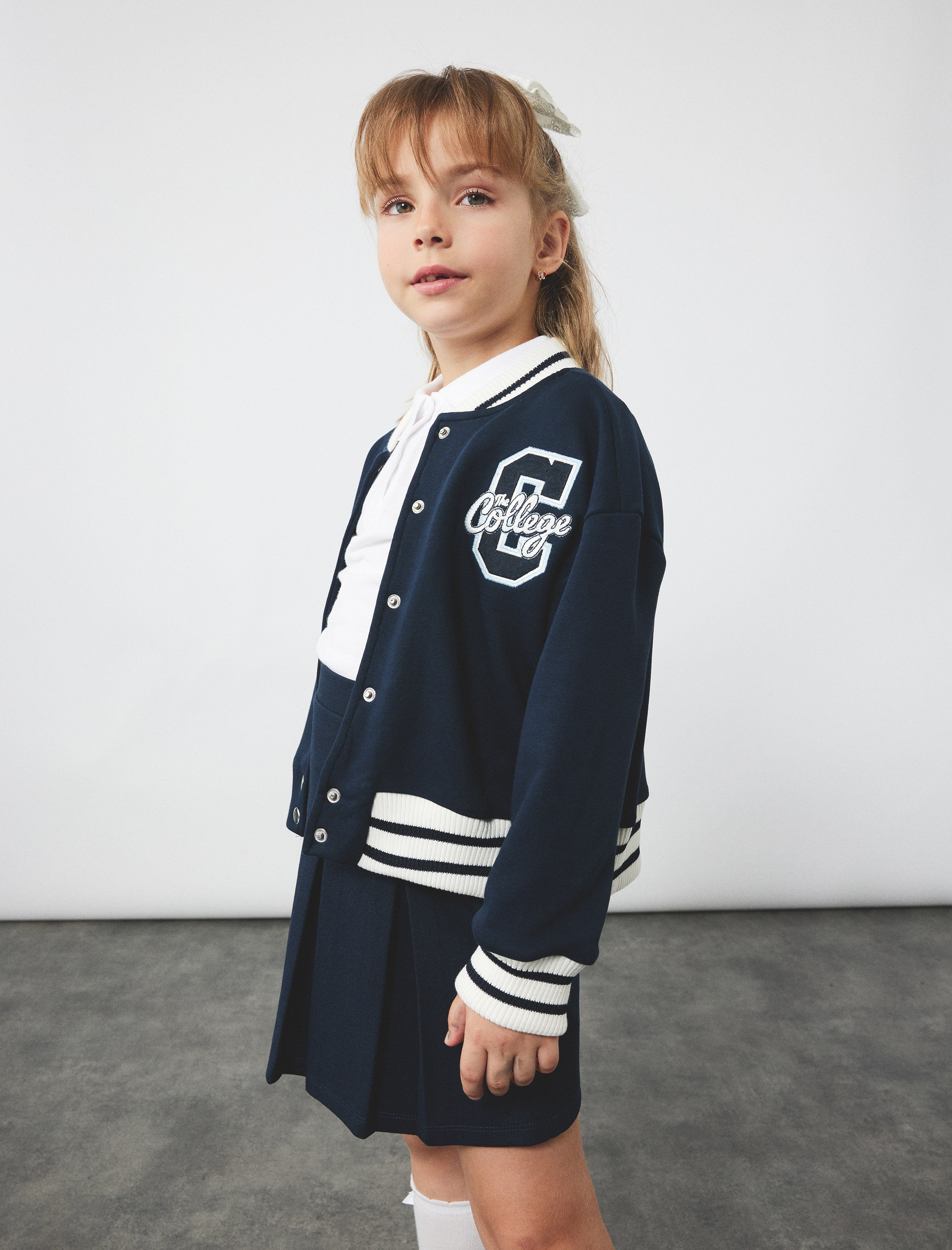  Kız Çocuk Uzun Kollu İşlemeli Kolej Yaka Şardonlu Bomber Okul Ceketi