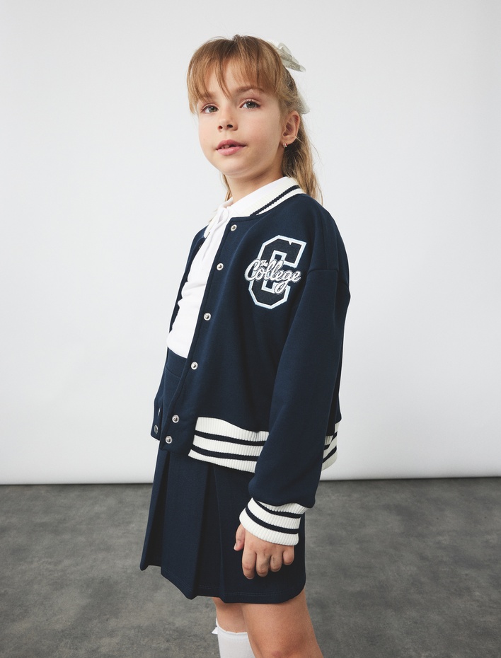 Kız Çocuk Uzun Kollu İşlemeli Kolej Yaka Şardonlu Bomber Okul Ceketi