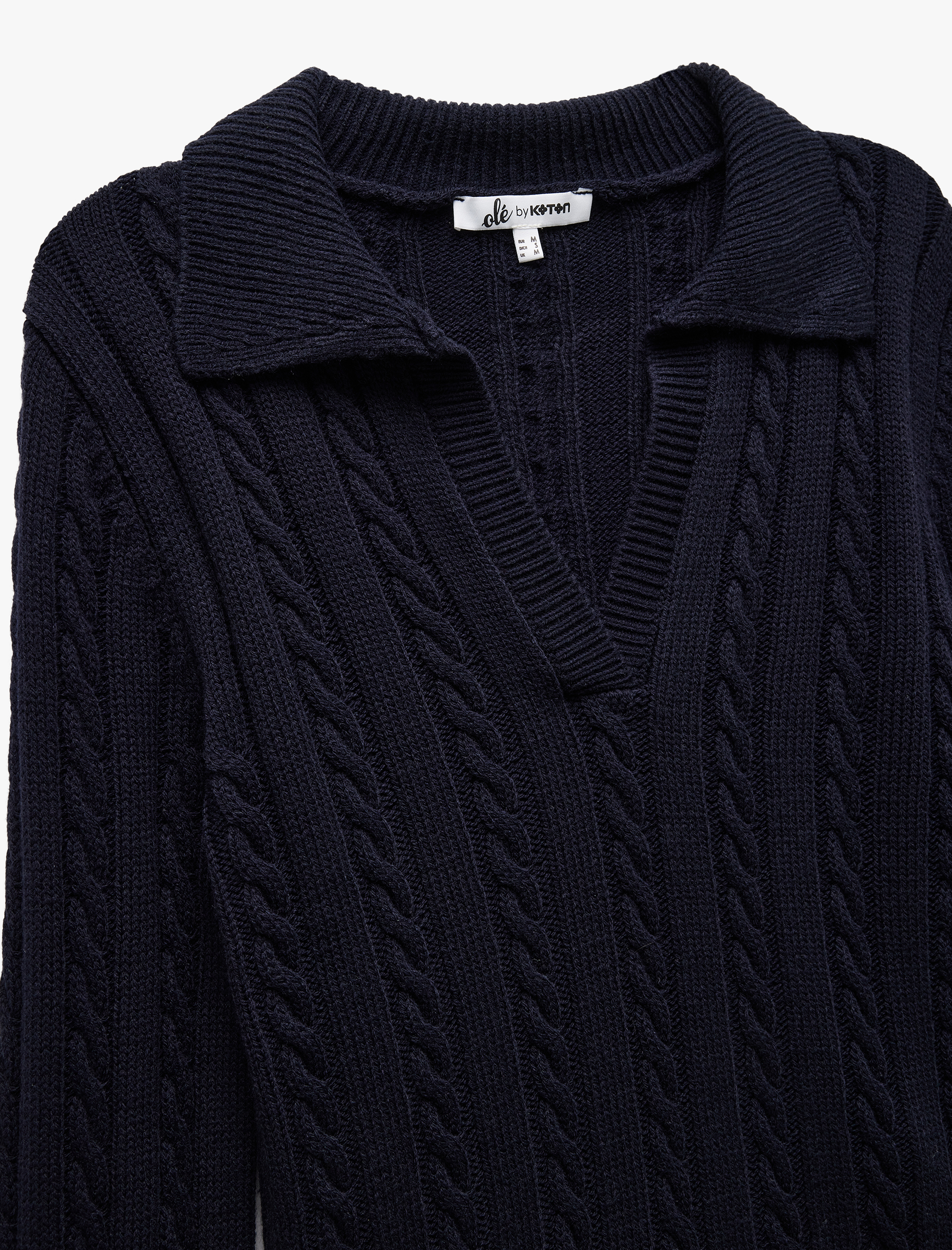   Saç Örgü Dokulu Polo Yaka Uzun Kollu Triko Kazak