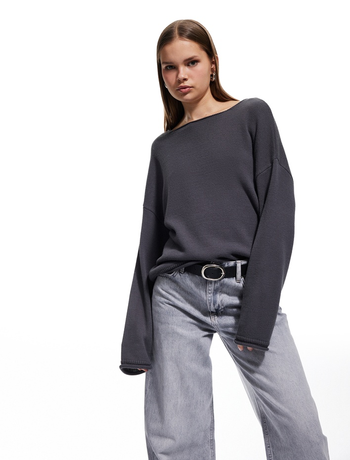  Kayık Yaka Triko Uzun Kollu Kazak