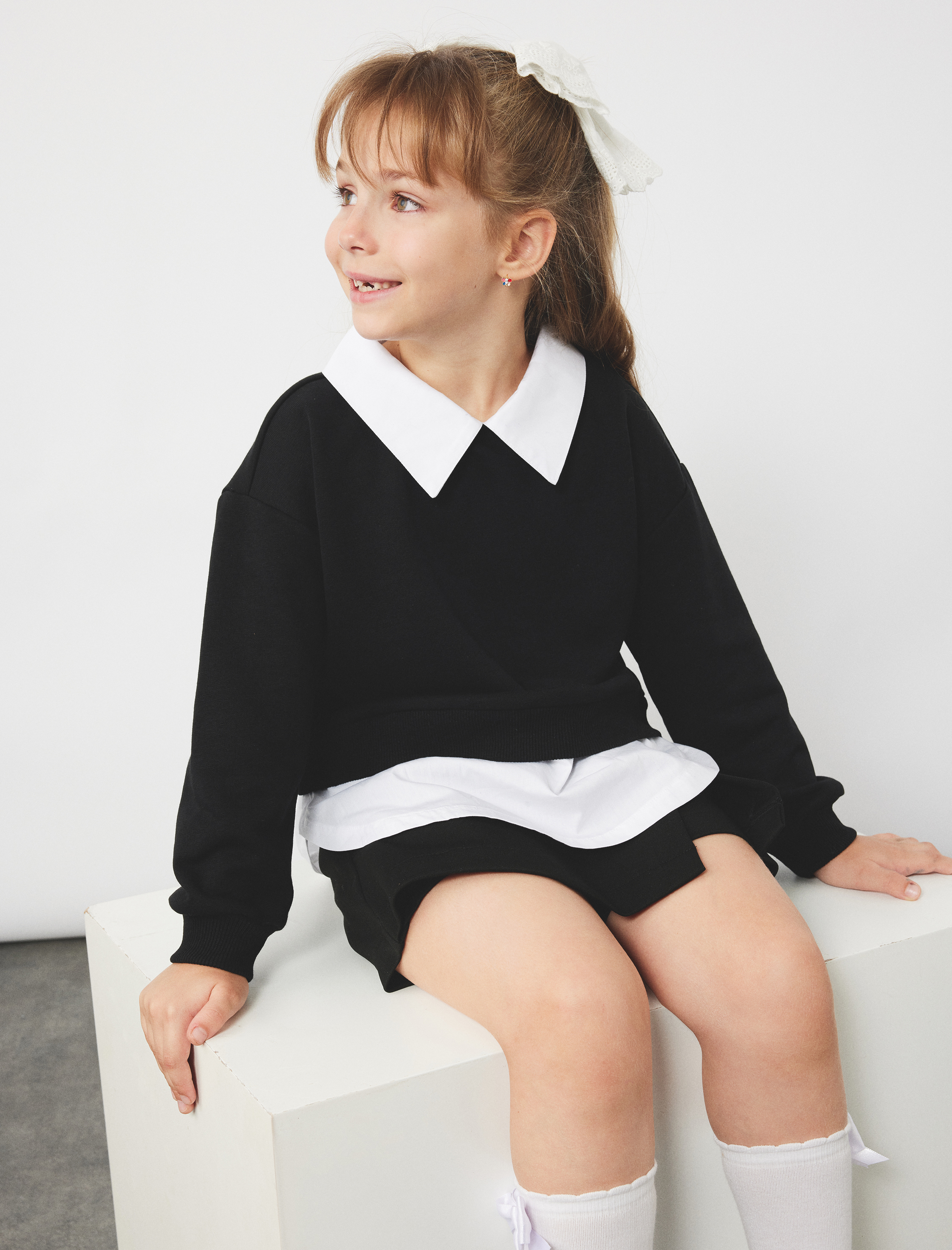  Kız Çocuk Gömlek Yaka Detaylı Uzun Kollu Okul Sweatshirt