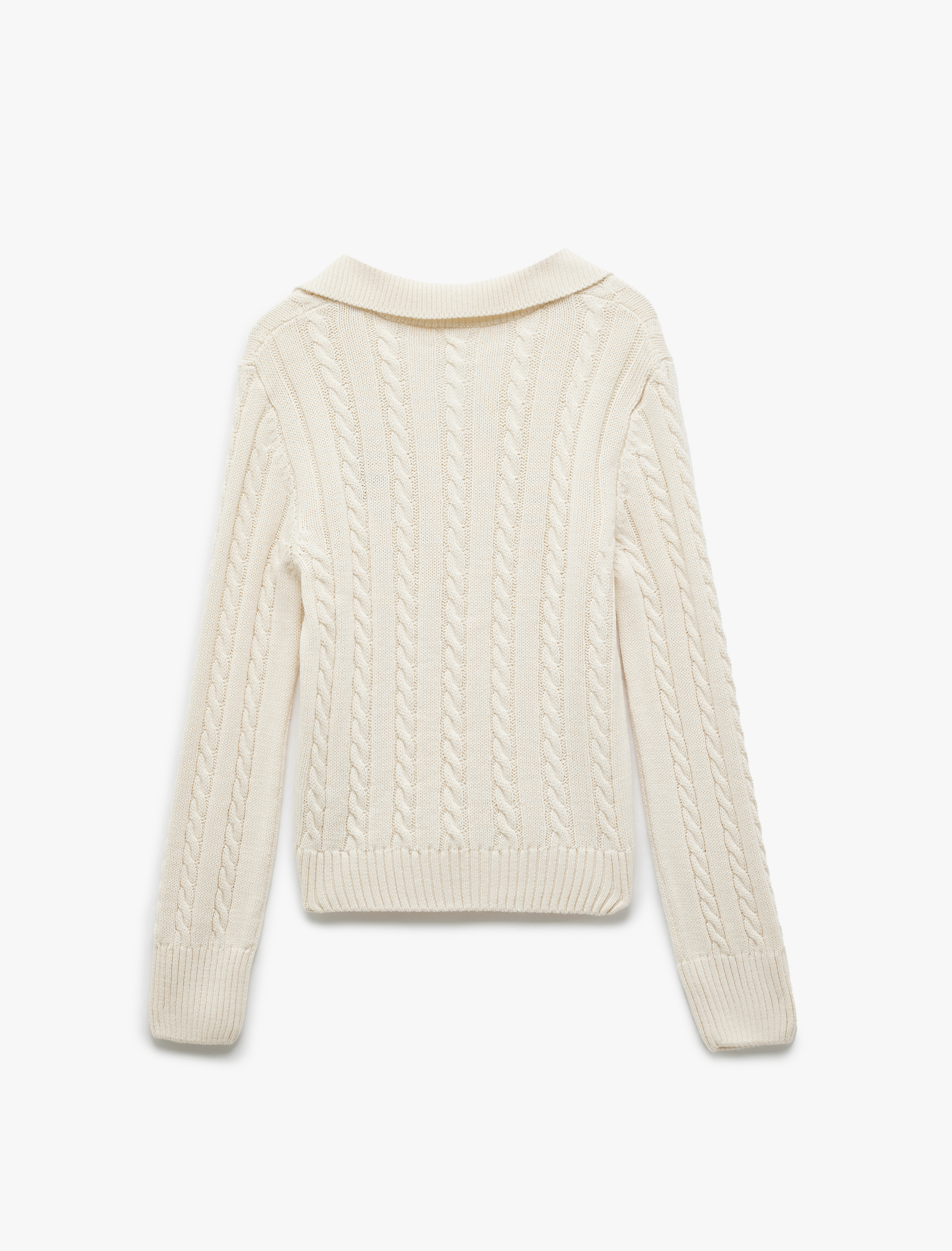   Polo Yaka Nakışlı Saç Örgü Dokulu Triko Kazak