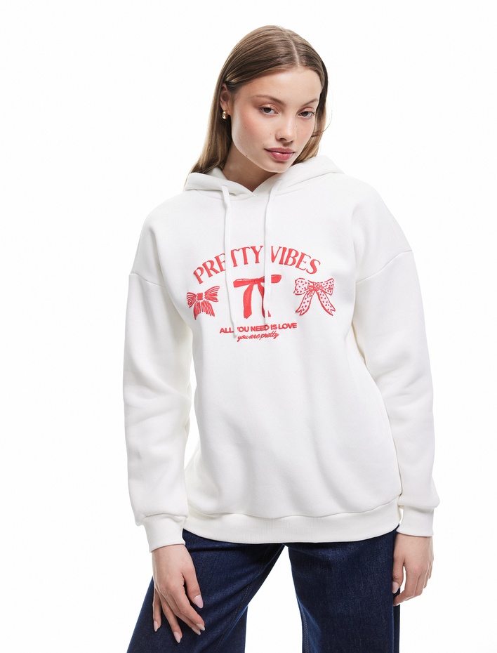  Baskılı Üç İplik Şardonlu Kapüşonlu Oversize Sweatshirt