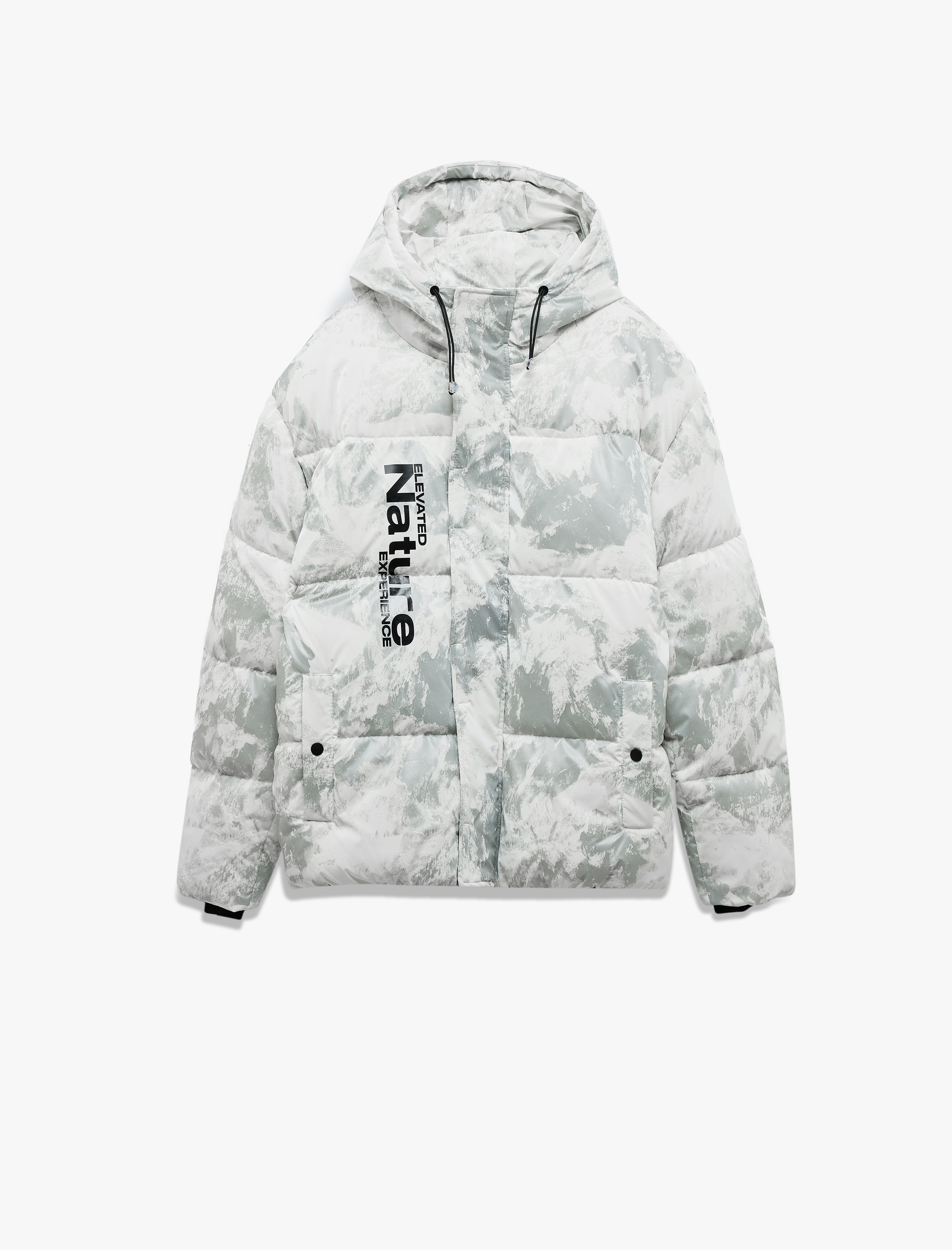   Fermuarlı Cep Detaylı Desenli Baskılı Kapşonlu Kışlık Şişme Mont