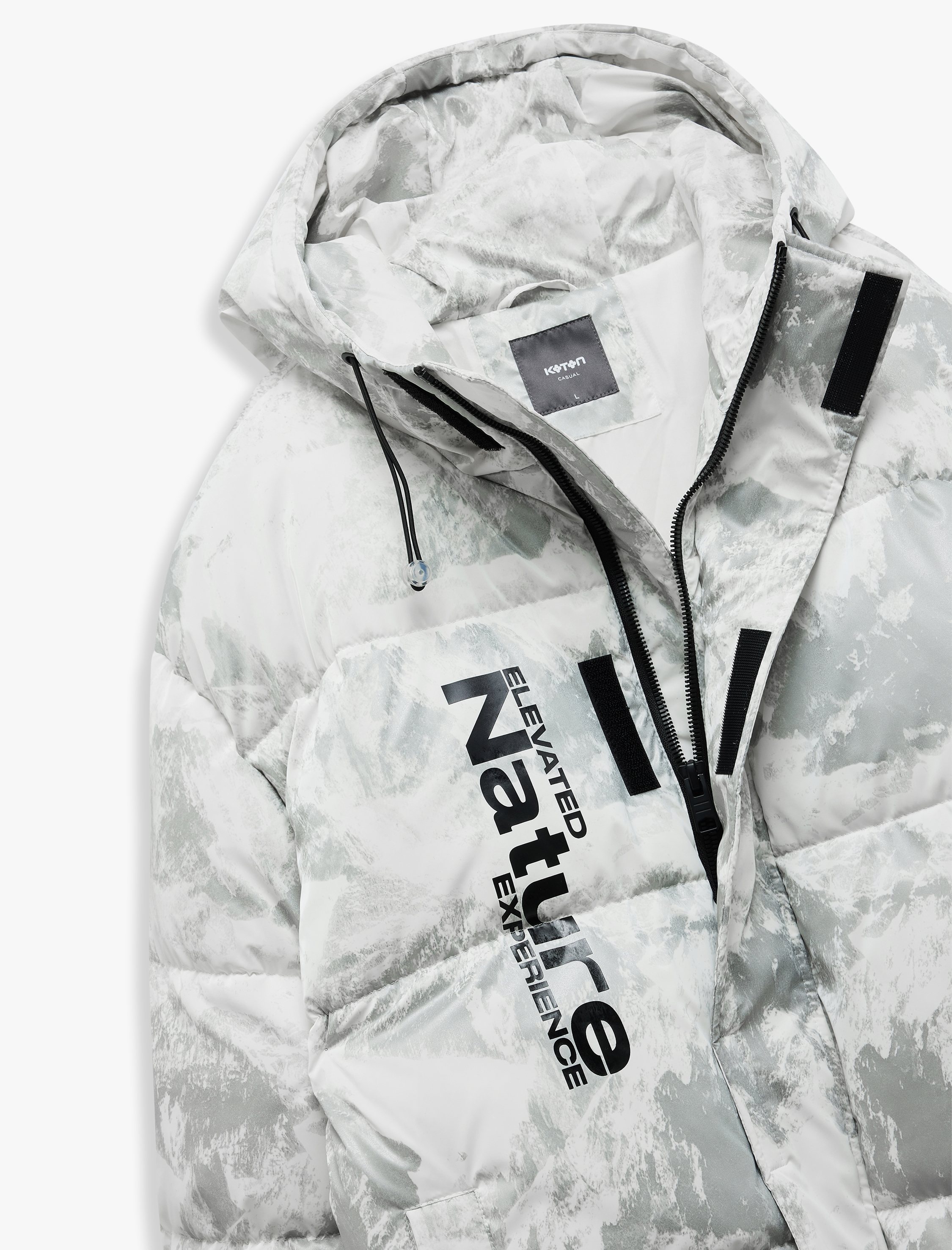   Fermuarlı Cep Detaylı Desenli Baskılı Kapşonlu Kışlık Şişme Mont