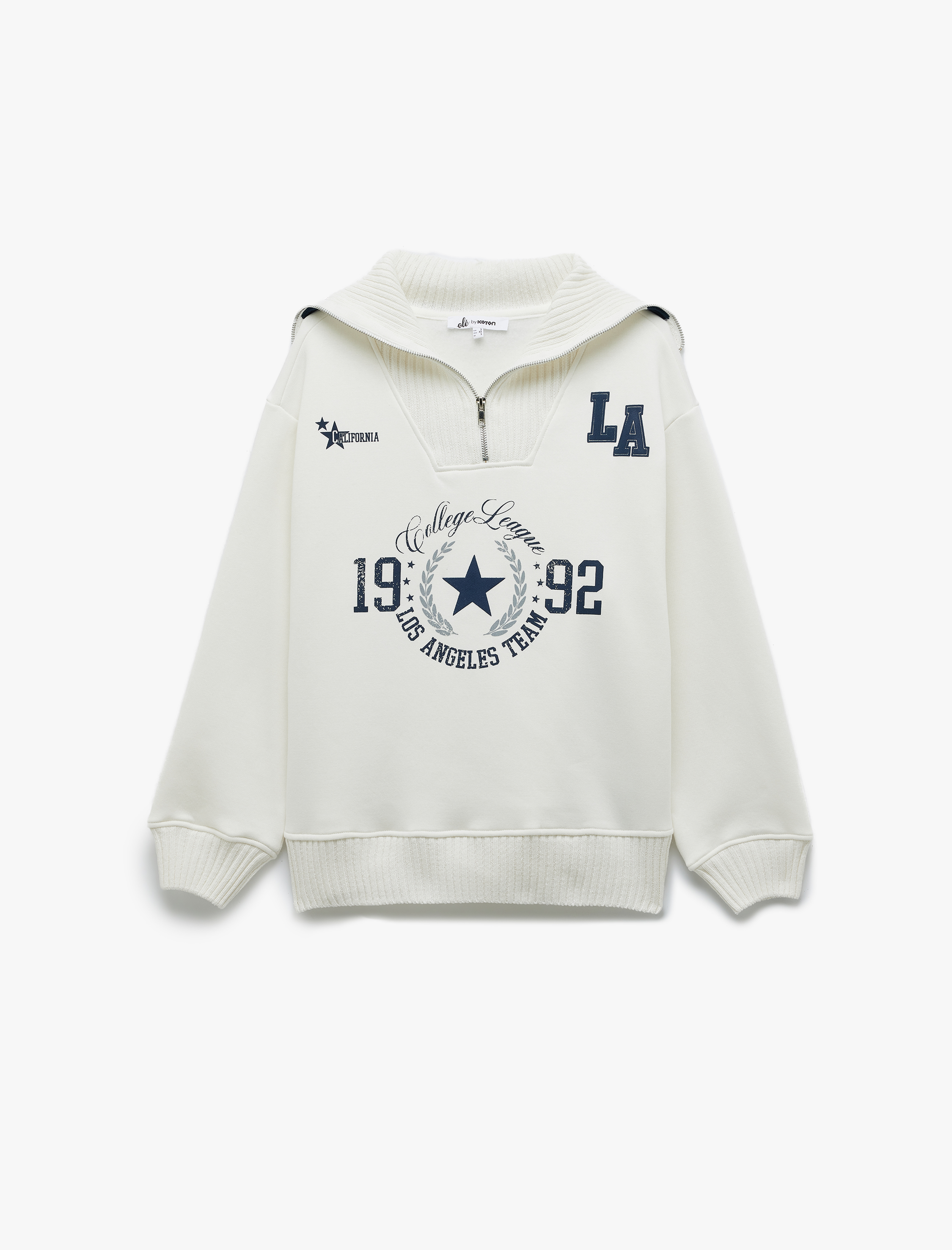   Şardonlu Yarım Fermuarlı Geniş Yaka Kolej Temalı Baskılı Sweatshirt